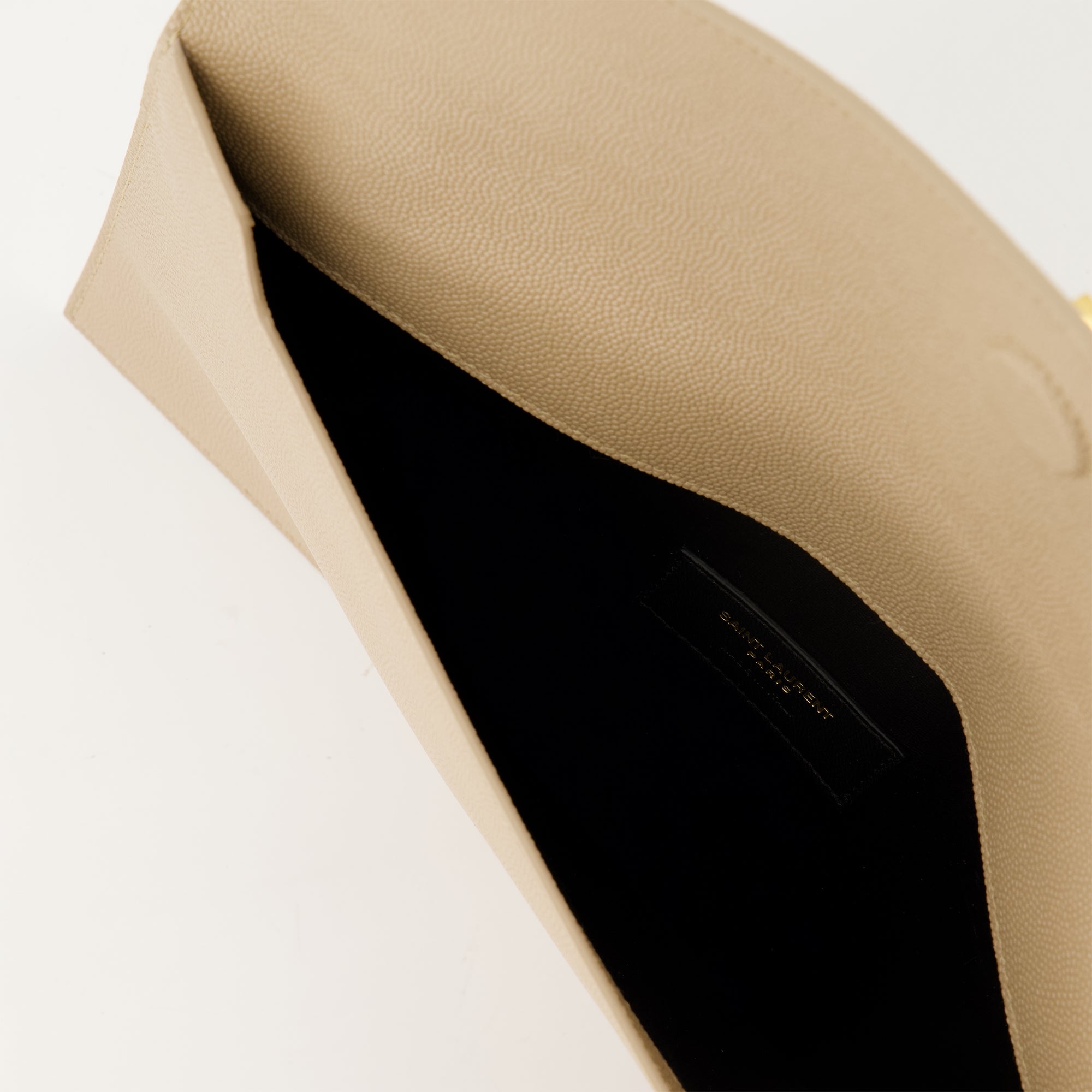 Saint Laurent pouch, grained calf leather, Uptown collection, beige leather accessories, luxury handbags