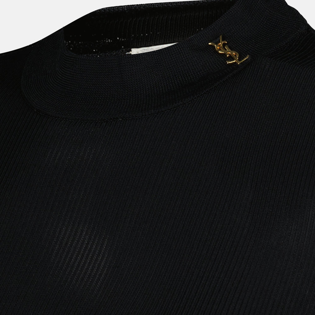 black wool sweater, Saint Laurent, Spring-Summer 2025, women's fashion, Cassandre logo