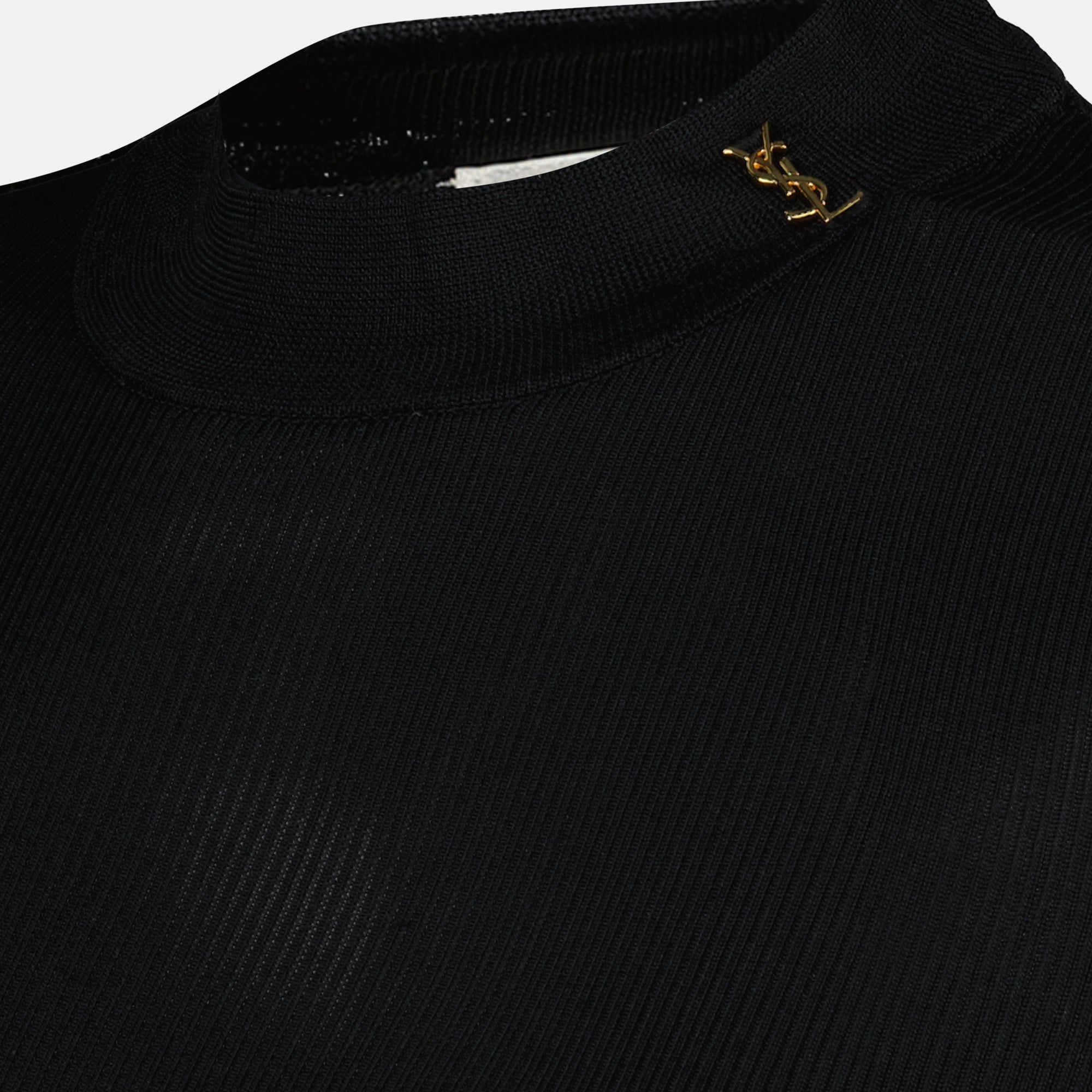 black wool sweater, Saint Laurent, Spring-Summer 2025, women's fashion, Cassandre logo