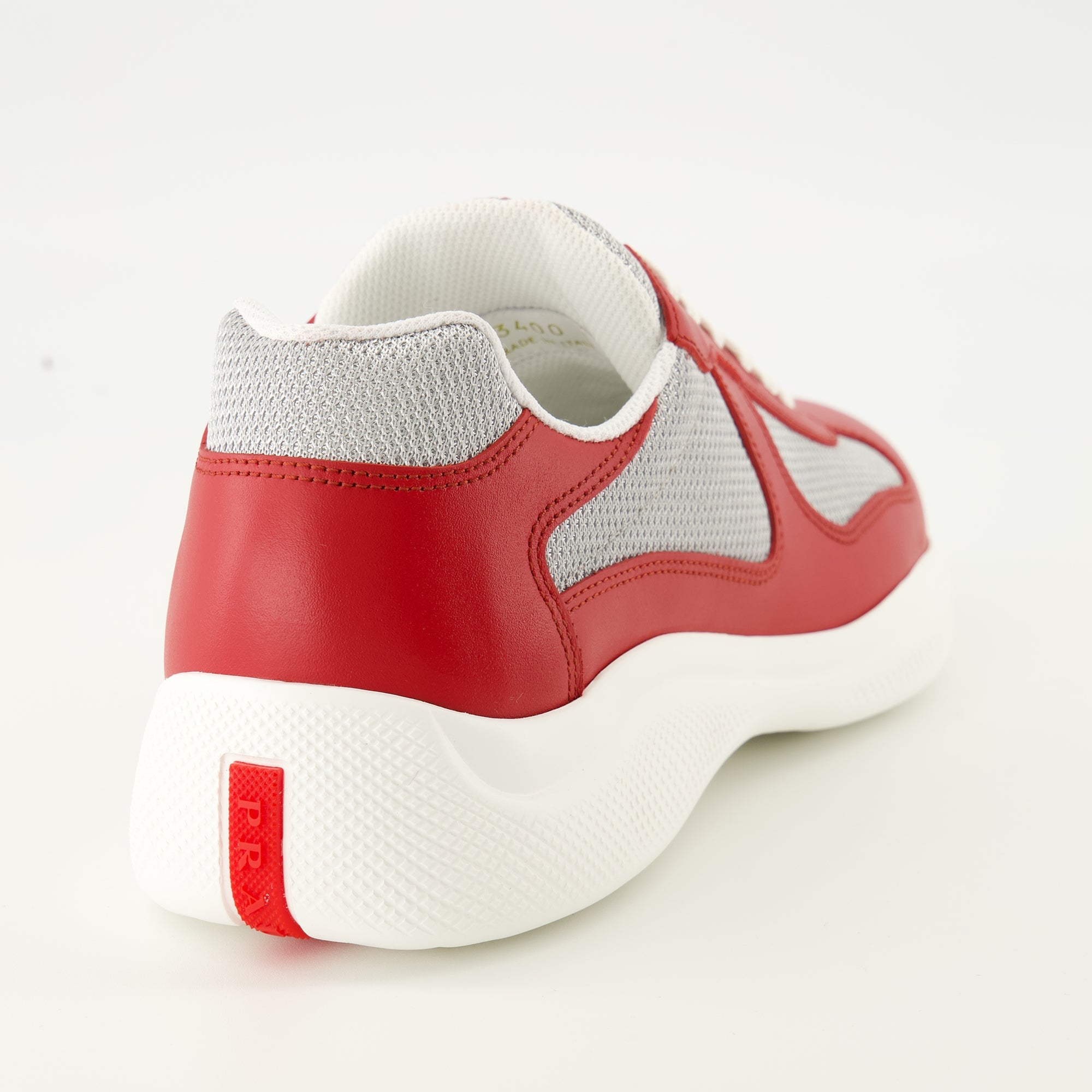 Prada shoe, America's Cup, red sneakers, calf leather footwear, rugged sole