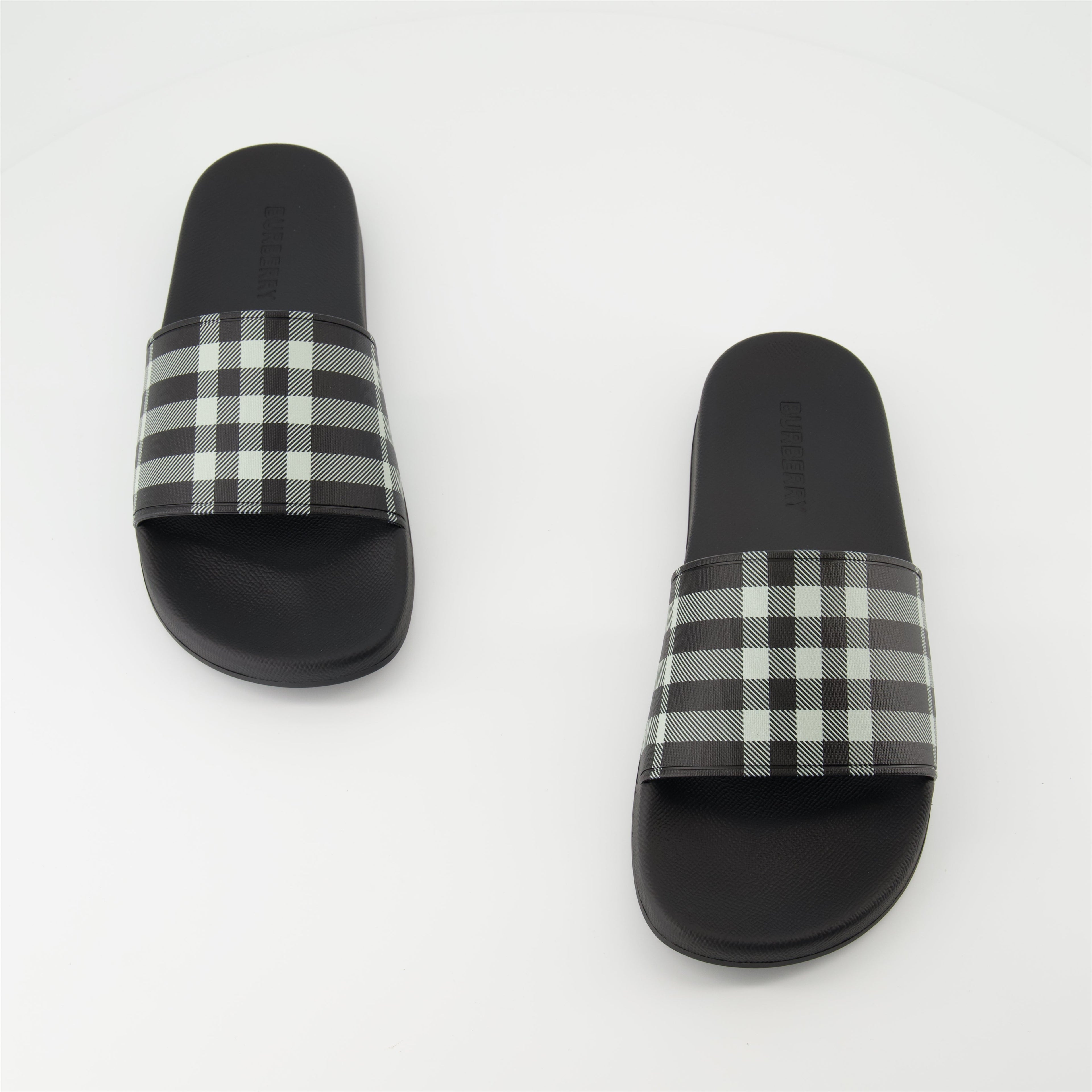 Burberry slides, Check print sandals, Polyurethane footwear, Casual slides, Designer sandals