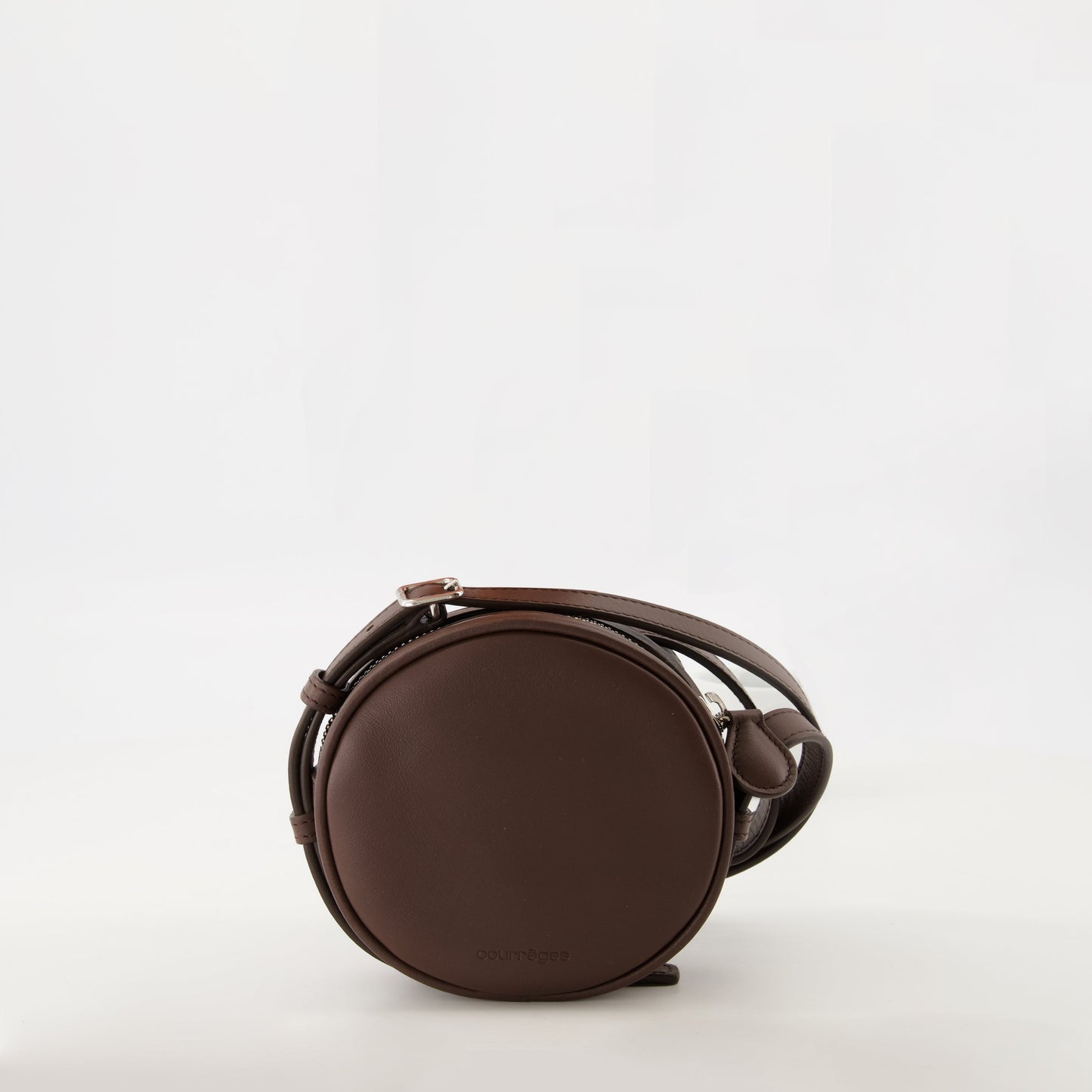 circle leather bag, unisex bag, smooth brown leather, adjustable strap, Courrèges collection