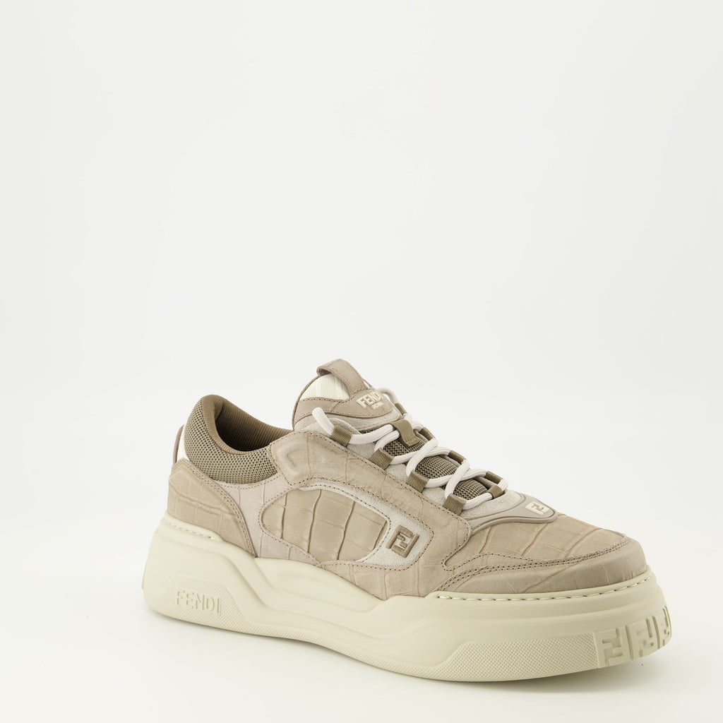 Fendi sneakers, calfskin shoes, grey athletic footwear, luxury sneakers, crocodile effect