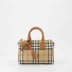 beige check bag, Burberry bowling bag, vintage print handbag, leather handle bag, designer handbag