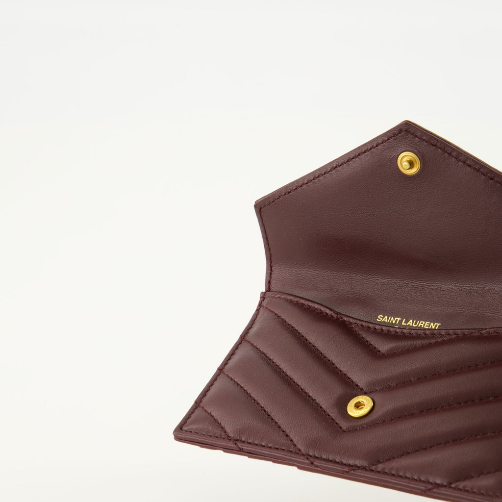 Saint Laurent cardholder, luxury accessories, burgundy leather wallet, YSL logo cardholder, quilted leather wallet