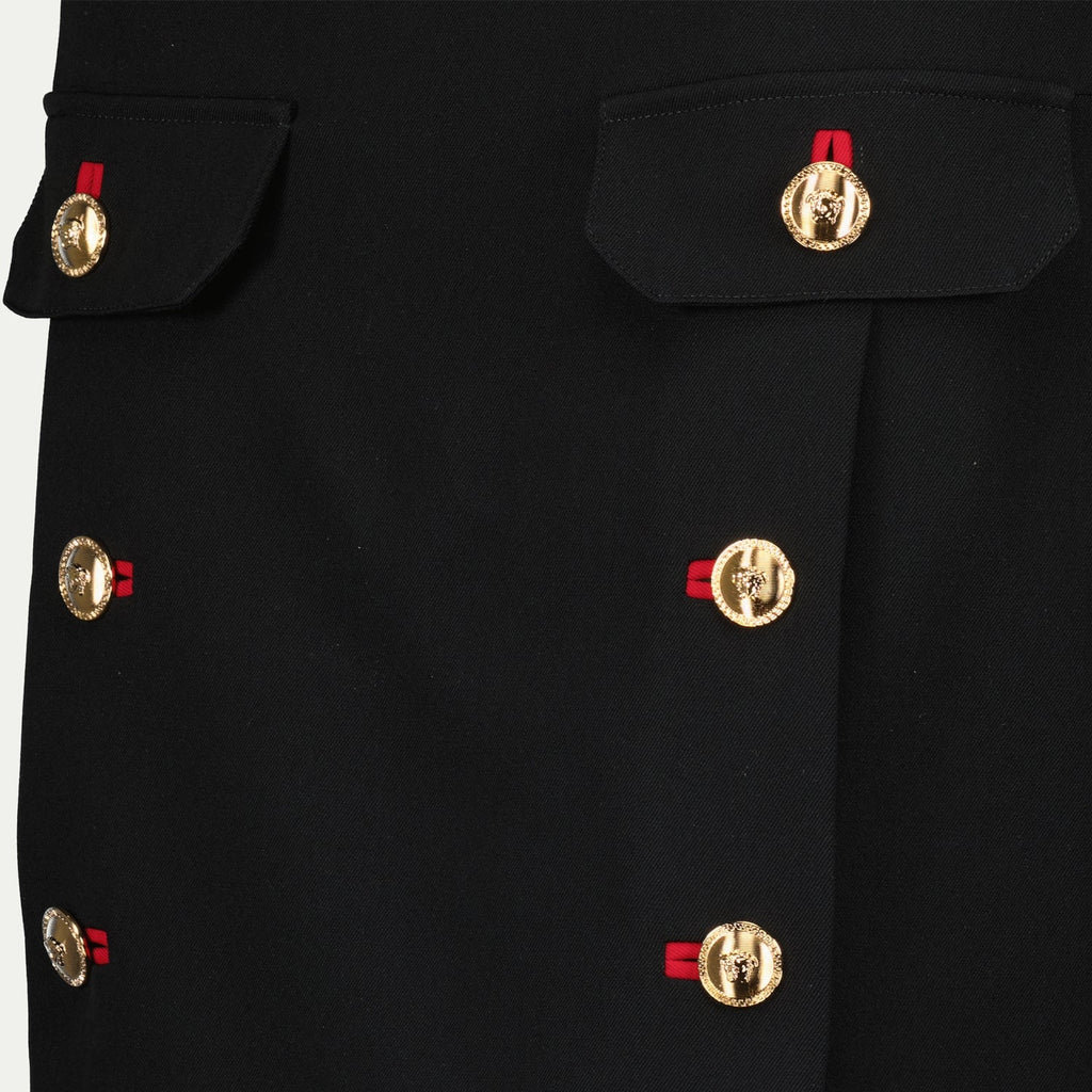 black wool skirt, Versace pencil skirt, gold Medusa buttons, short wool skirt, elegant black skirt