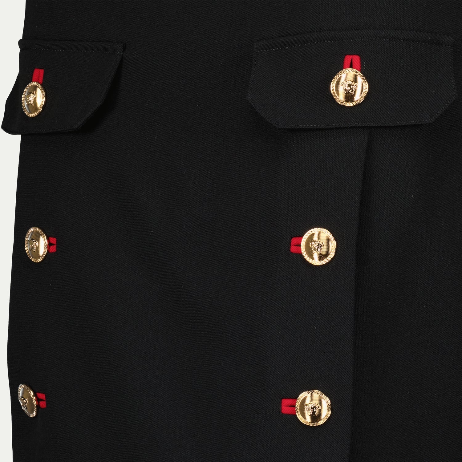 black wool skirt, Versace pencil skirt, gold Medusa buttons, short wool skirt, elegant black skirt