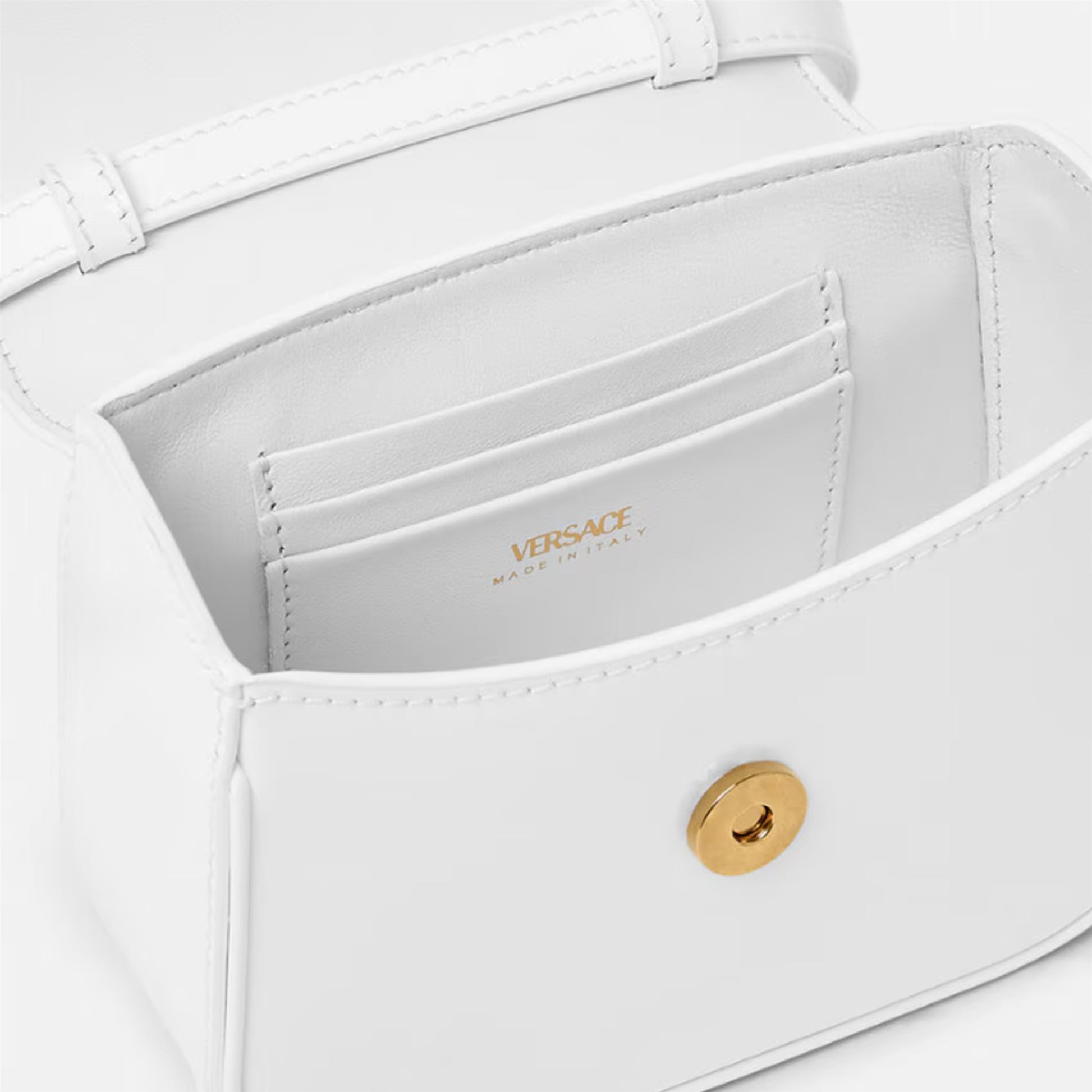 Versace mini bag, white patent leather bag, La Medusa bag, luxury accessories, designer handbag