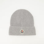 grey knit beanie, logo beanie, Moncler accessories, ribbed knit hat, winter fashion