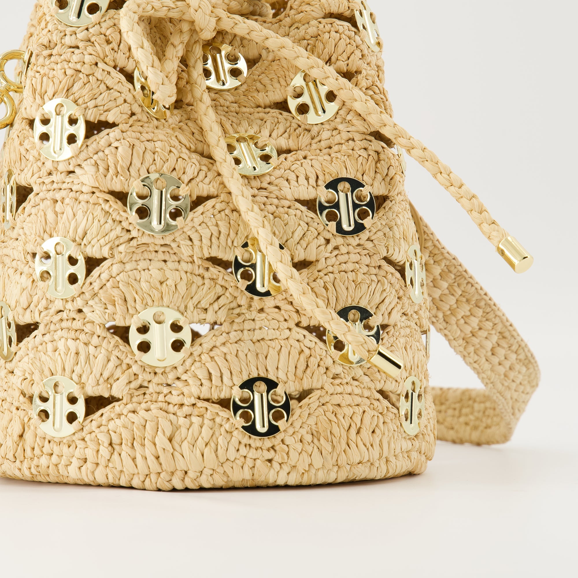 raffia bag, Signature 1969, bucket bag, beige accessory, stylish handbag