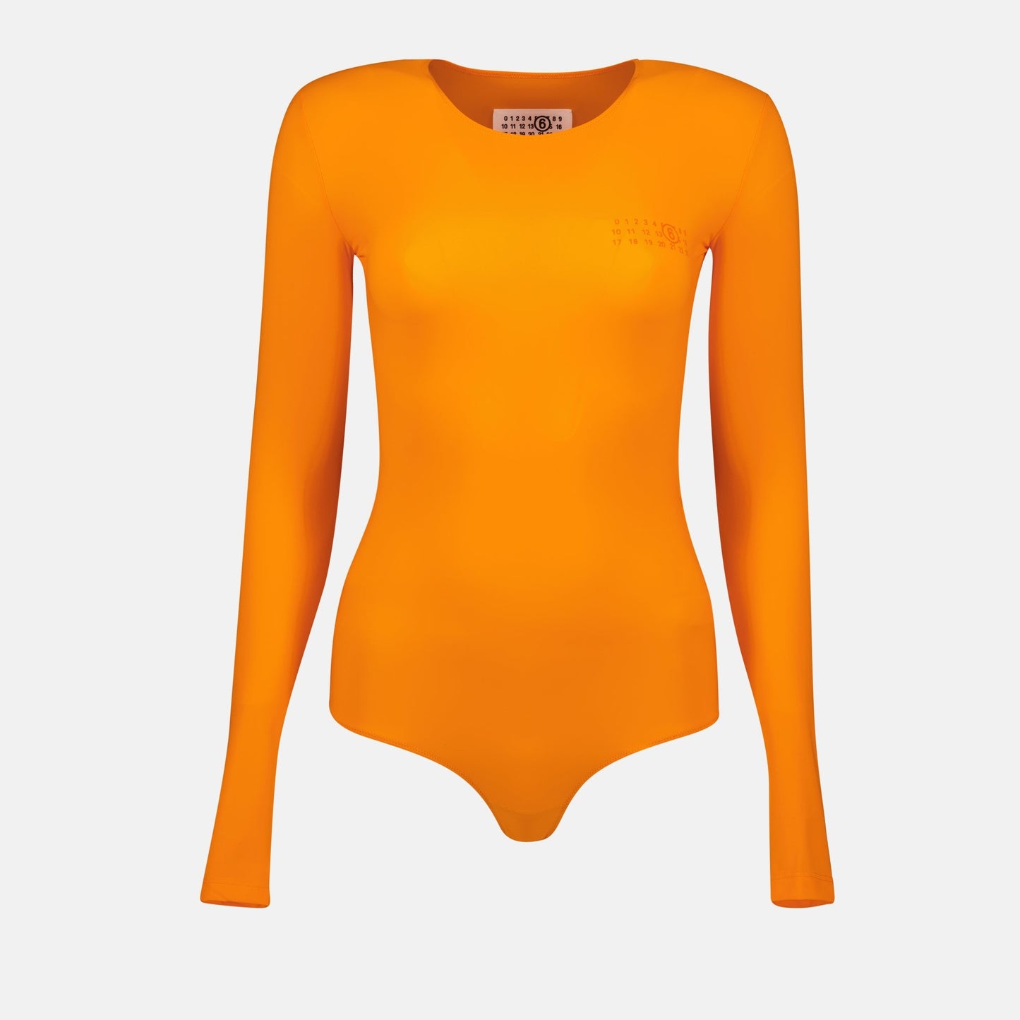 MM6 body suit, orange long sleeve, Lycra clothing, Spring-Summer 2025, designer body suit