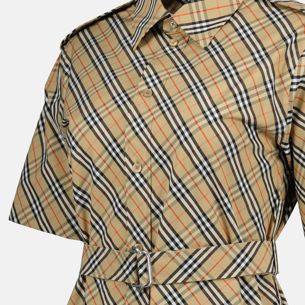 Beige Checkered Shirt Dress