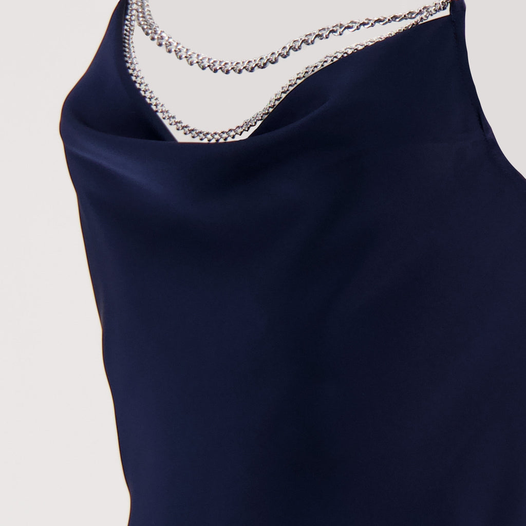 satin long dress, navy blue dress, Rabanne dress, evening dress, women's fashion