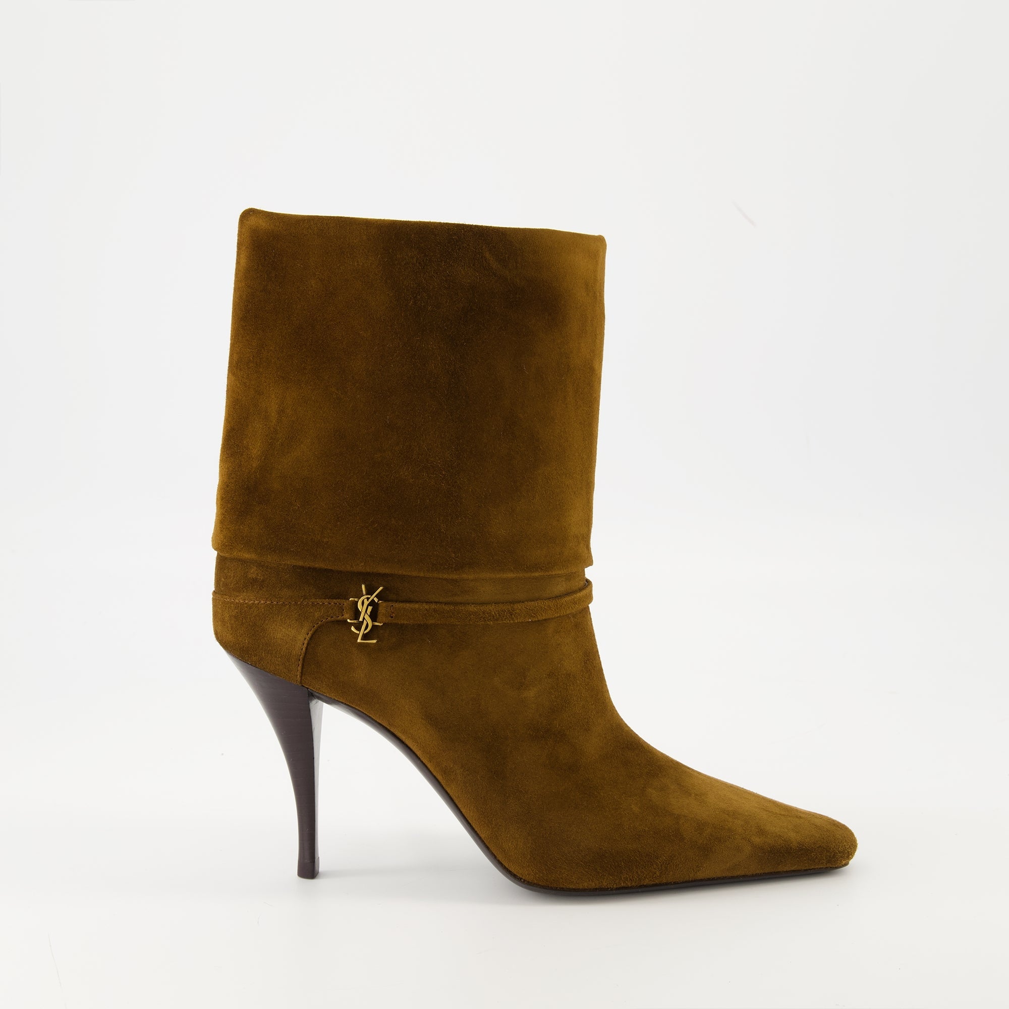 Suede ankle boots, Heeled boots, Saint Laurent footwear, Brown ankle boots, Autumn-winter fashion