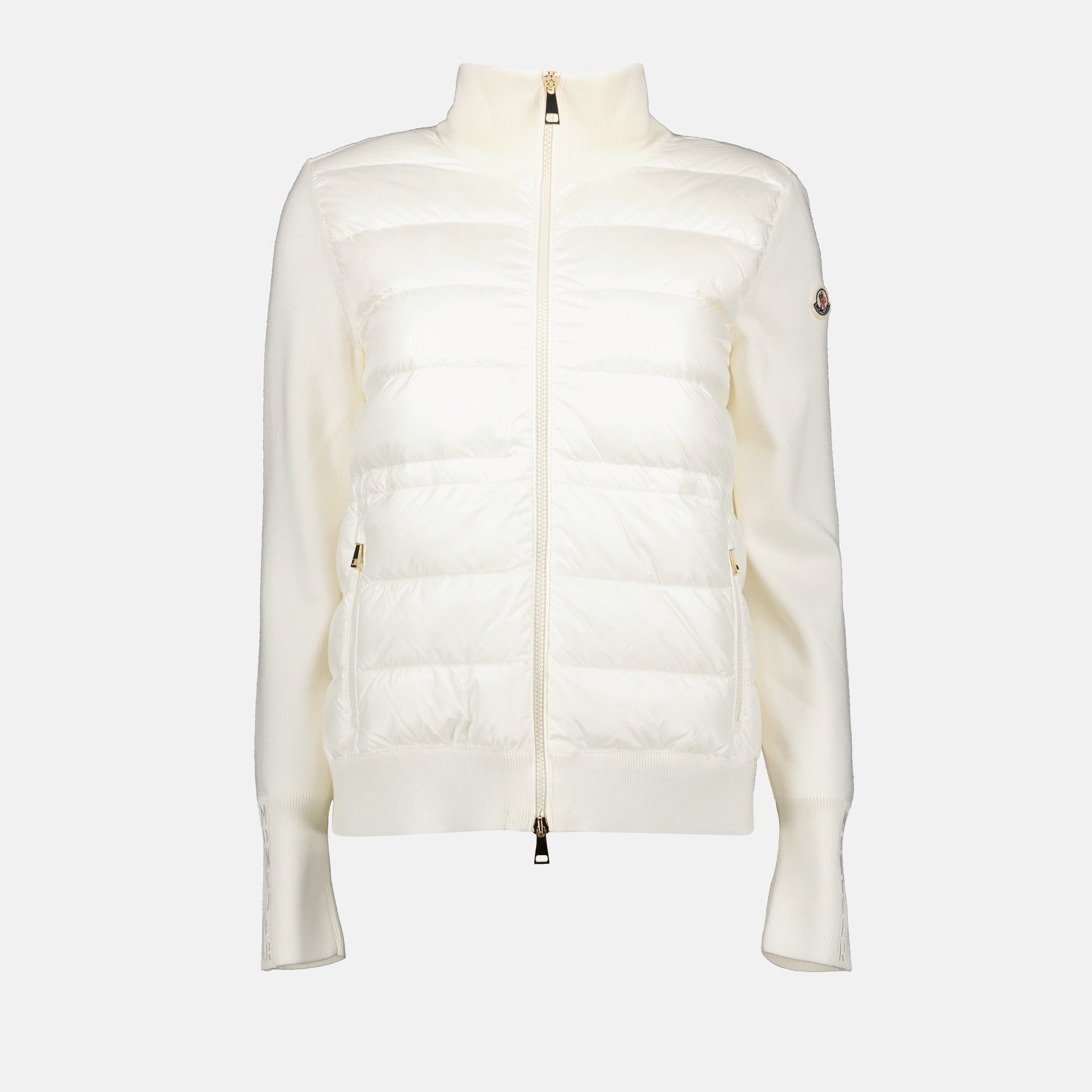 White jacket, Moncler logo, bi-material jacket, double-zip jacket, nylon and wool jacket
