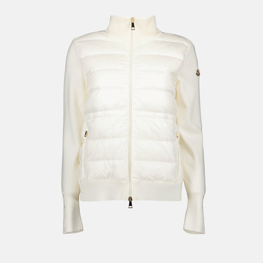 White jacket, Moncler logo, bi-material jacket, double-zip jacket, nylon and wool jacket