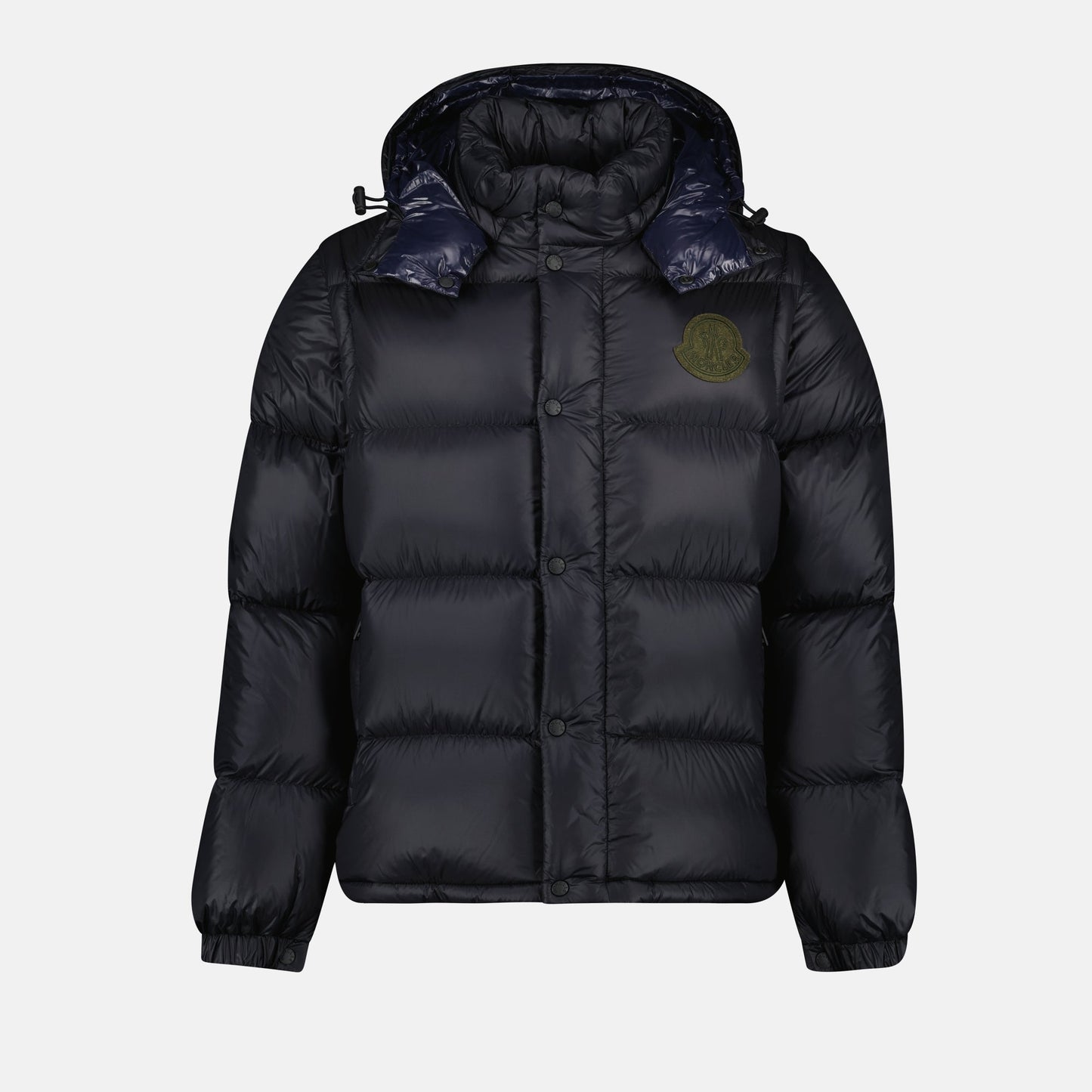 luxury down jacket, 2-in-1 jacket, Moncler Autumn-Winter 2024, blue-grey jacket, high collar removable sleeves