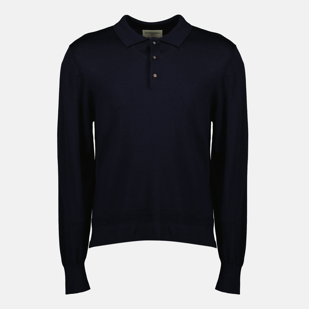 Brandon polo, Officine Générale, navy blue polo, long sleeve polo, wool polo