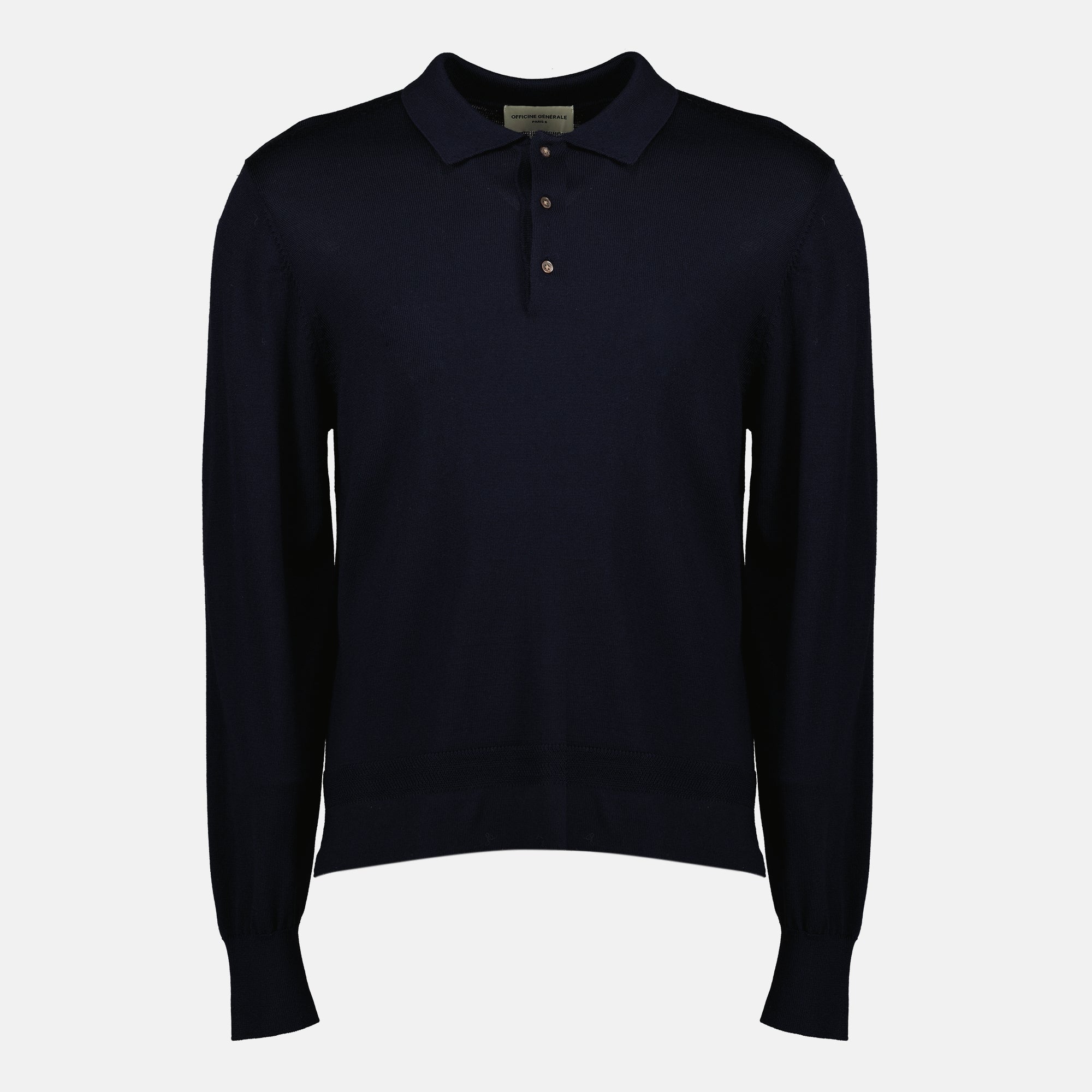 Brandon polo, Officine Générale, navy blue polo, long sleeve polo, wool polo