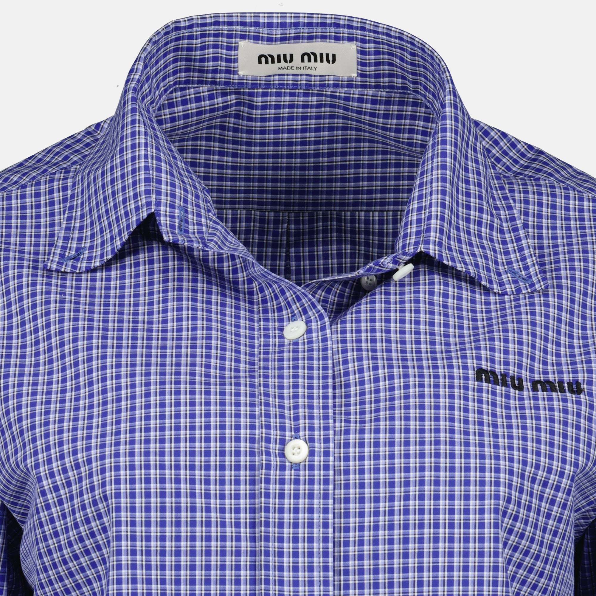 blue checkered shirt, Miu Miu shirt, Spring-Summer 2026 fashion, cotton shirt, women's fashion