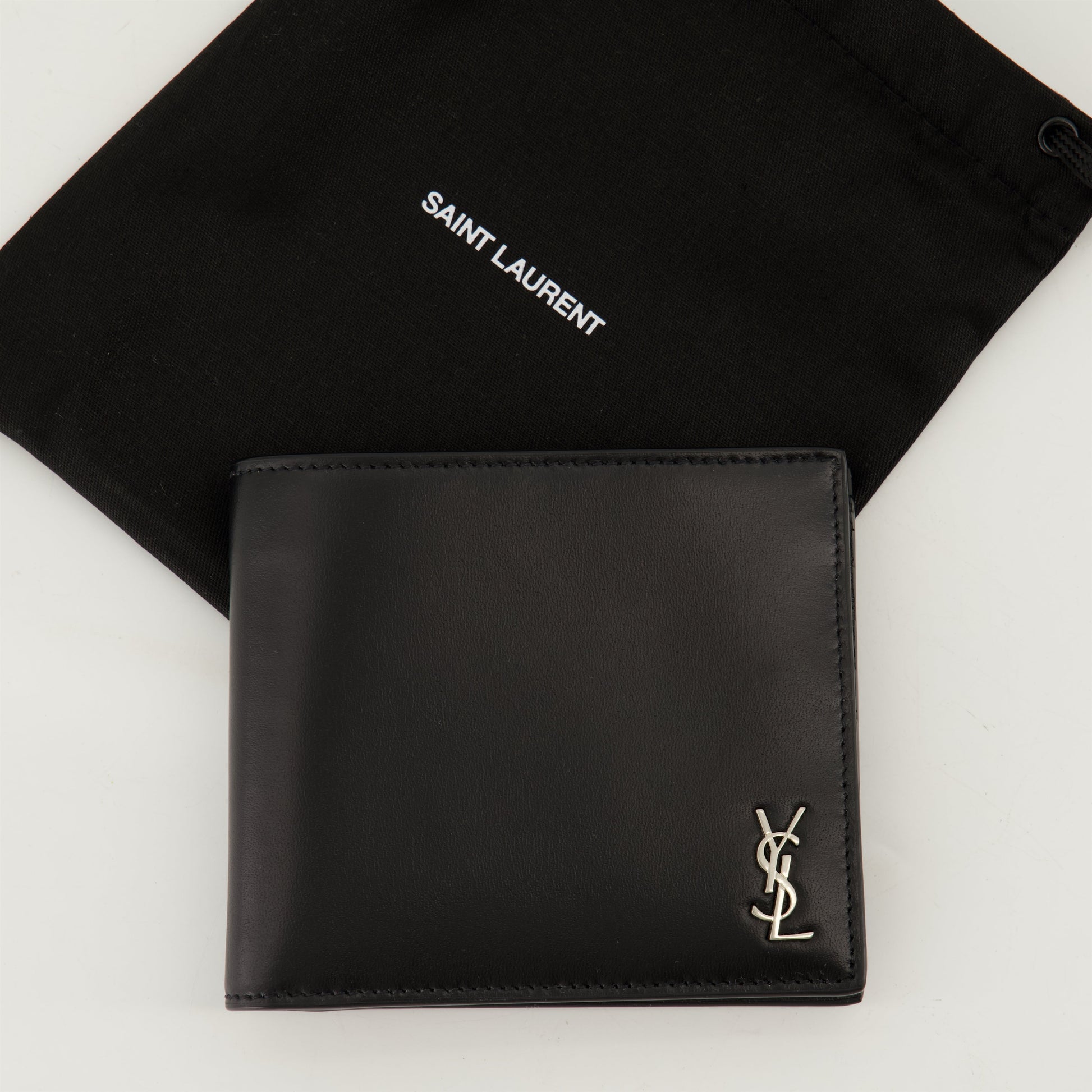 YSL wallet, black leather wallet, luxury accessory, card slots wallet, metallic logo wallet