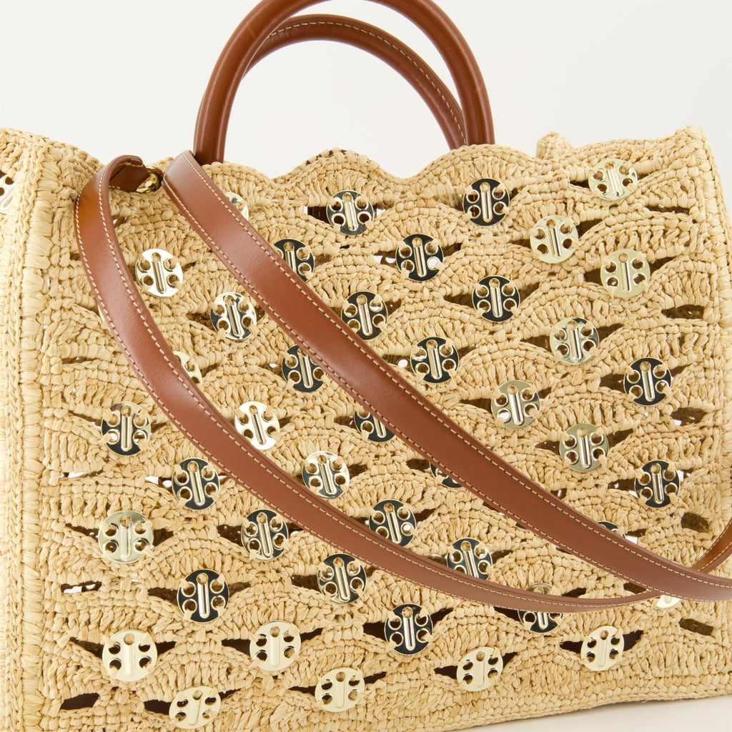 tote bag, raffia bag, Disc-Link, fashion accessories, Rabanne