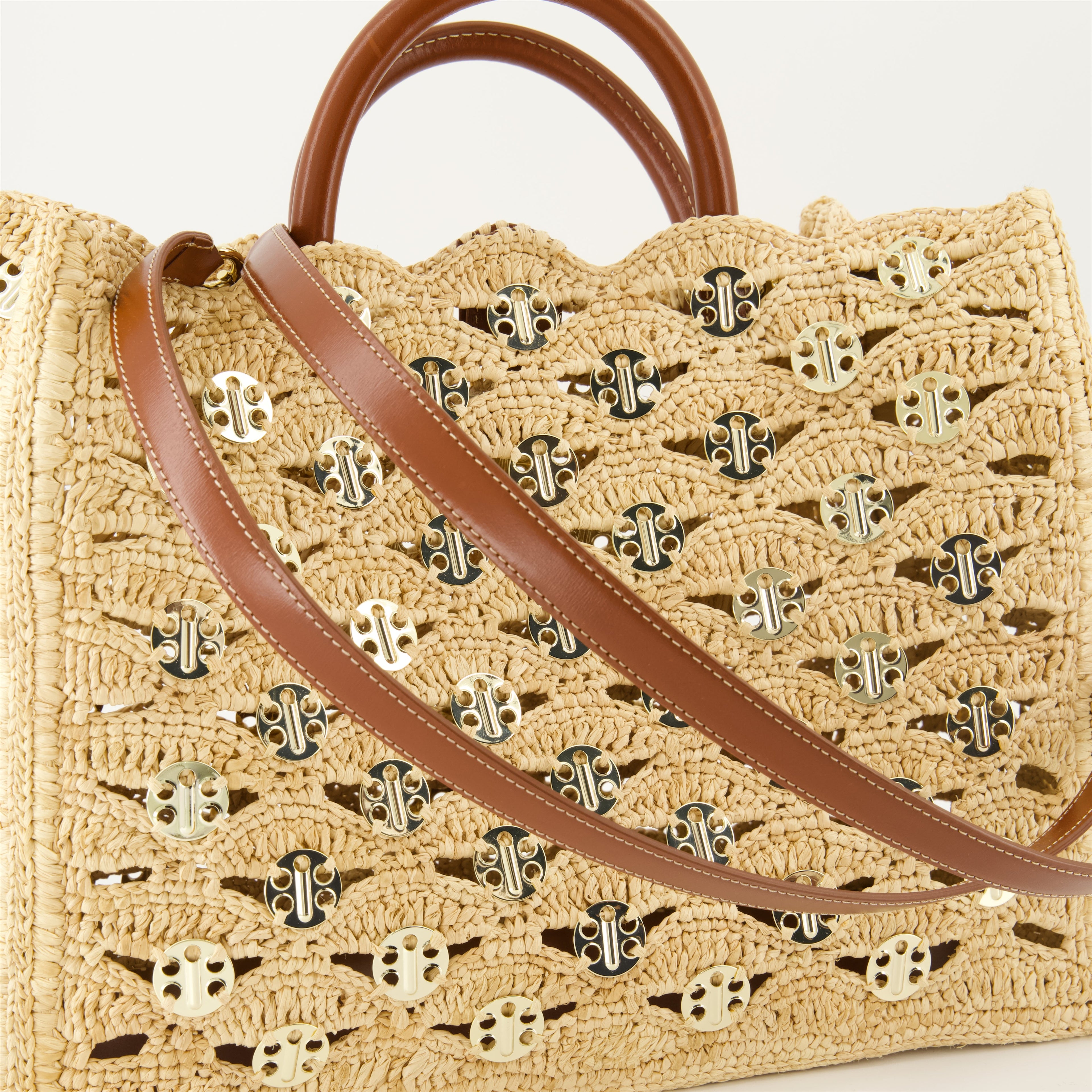 tote bag, raffia bag, Disc-Link, fashion accessories, Rabanne