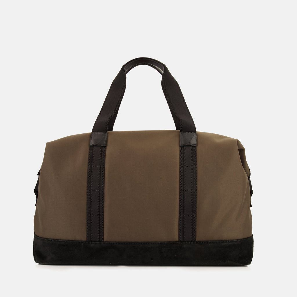 Moncler Tech Duffle Bag, travel bag, brown duffle bag, technical fabric, leather accents