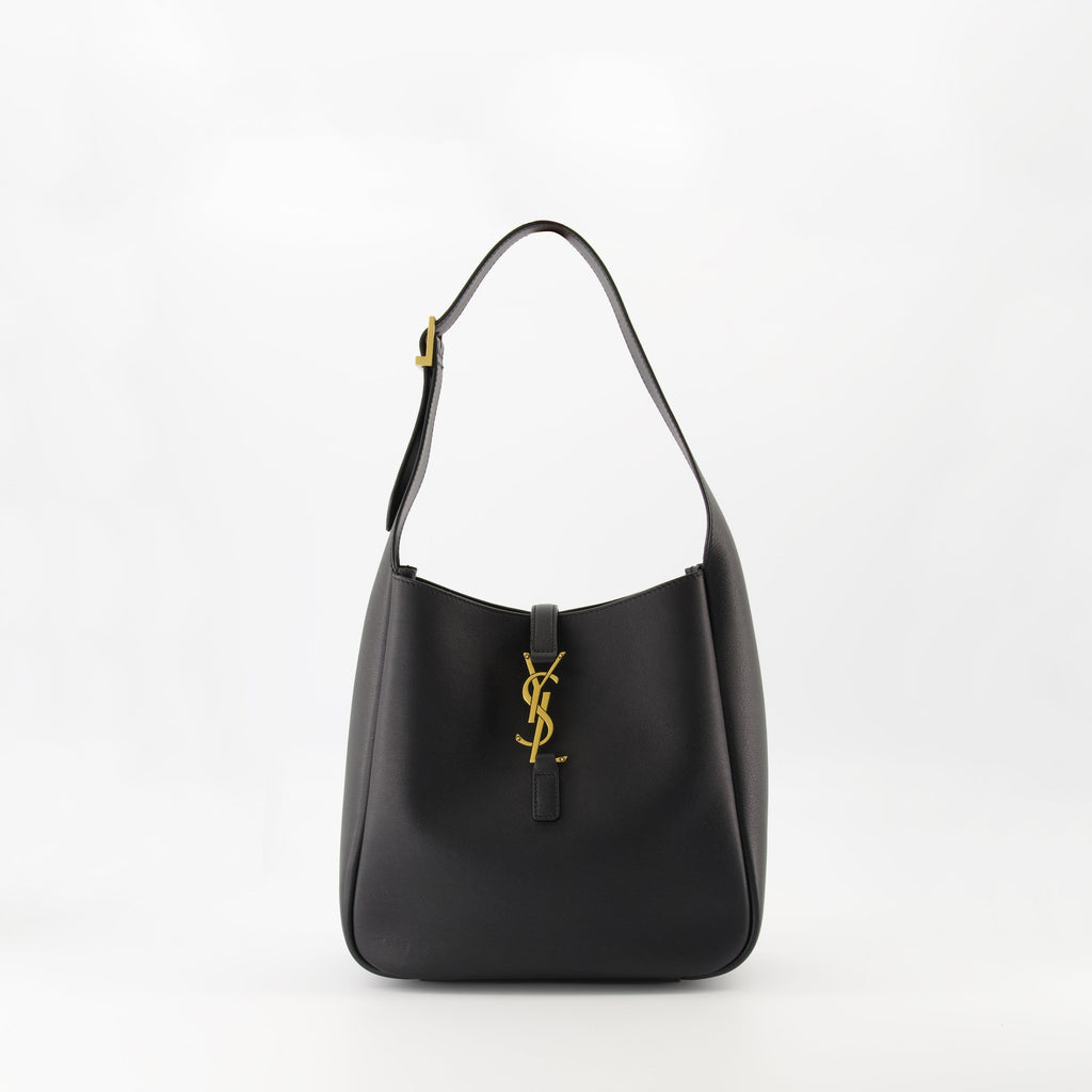 black leather bag, Saint Laurent, grained leather, elegant handbag, adjustable strap