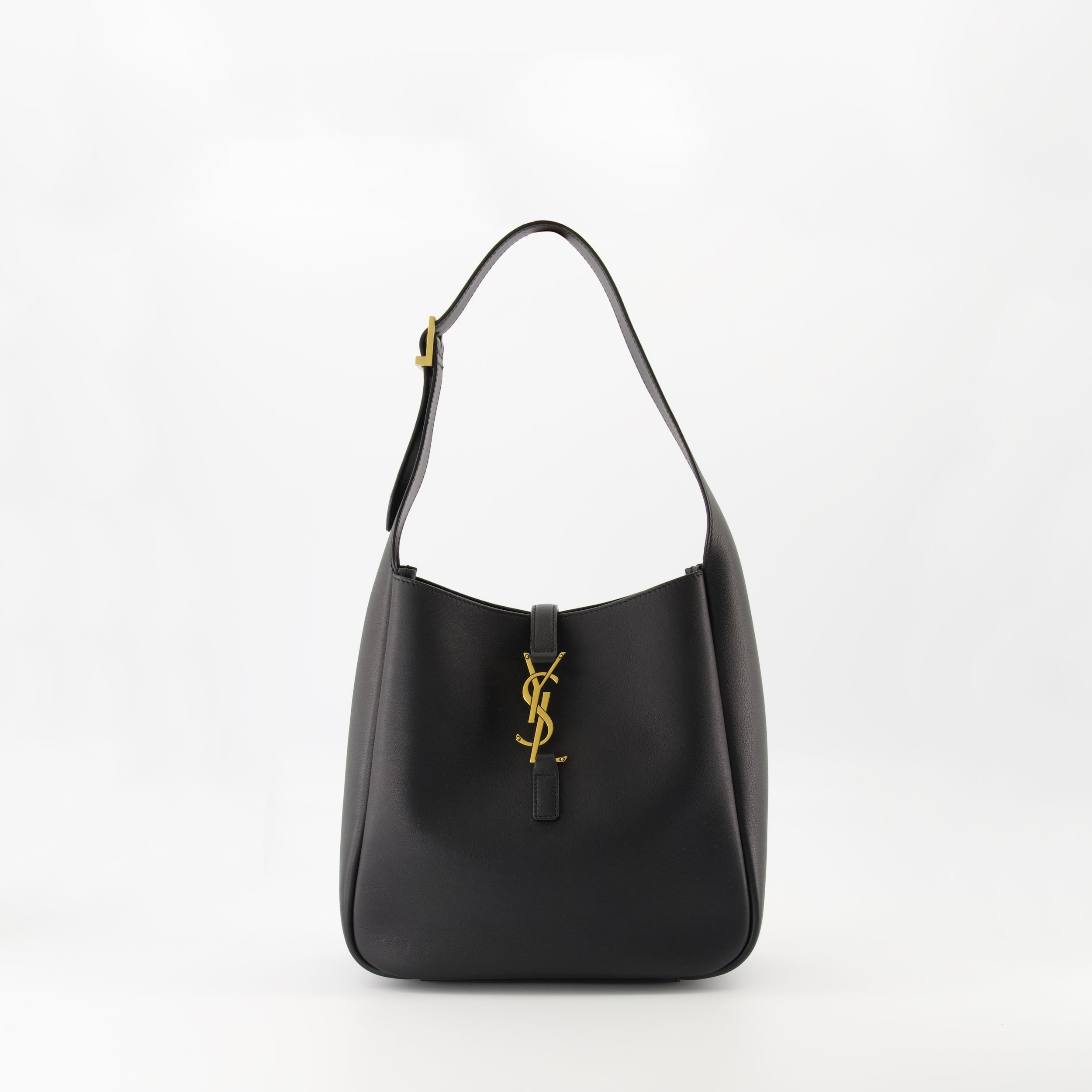 black leather bag, Saint Laurent, grained leather, elegant handbag, adjustable strap