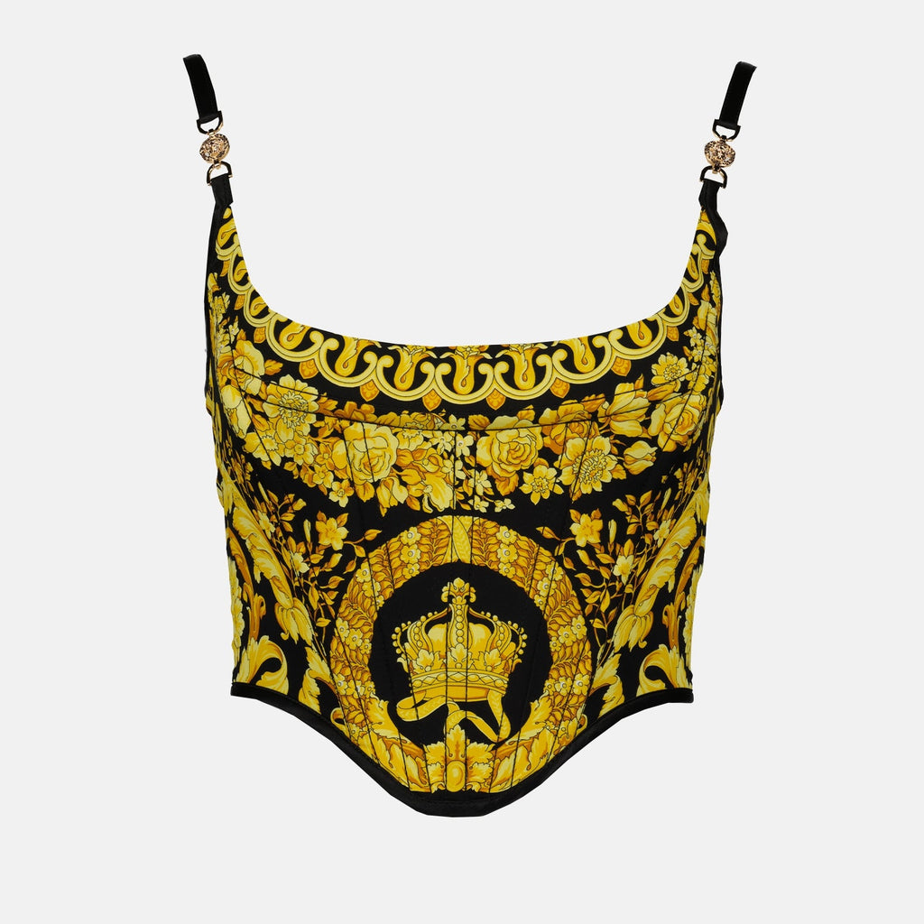 Barocco corset top, yellow corset, luxury silk top, Versace Autumn-Winter 2024, adjustable strap blouse