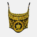 Barocco corset top, yellow corset, luxury silk top, Versace Autumn-Winter 2024, adjustable strap blouse