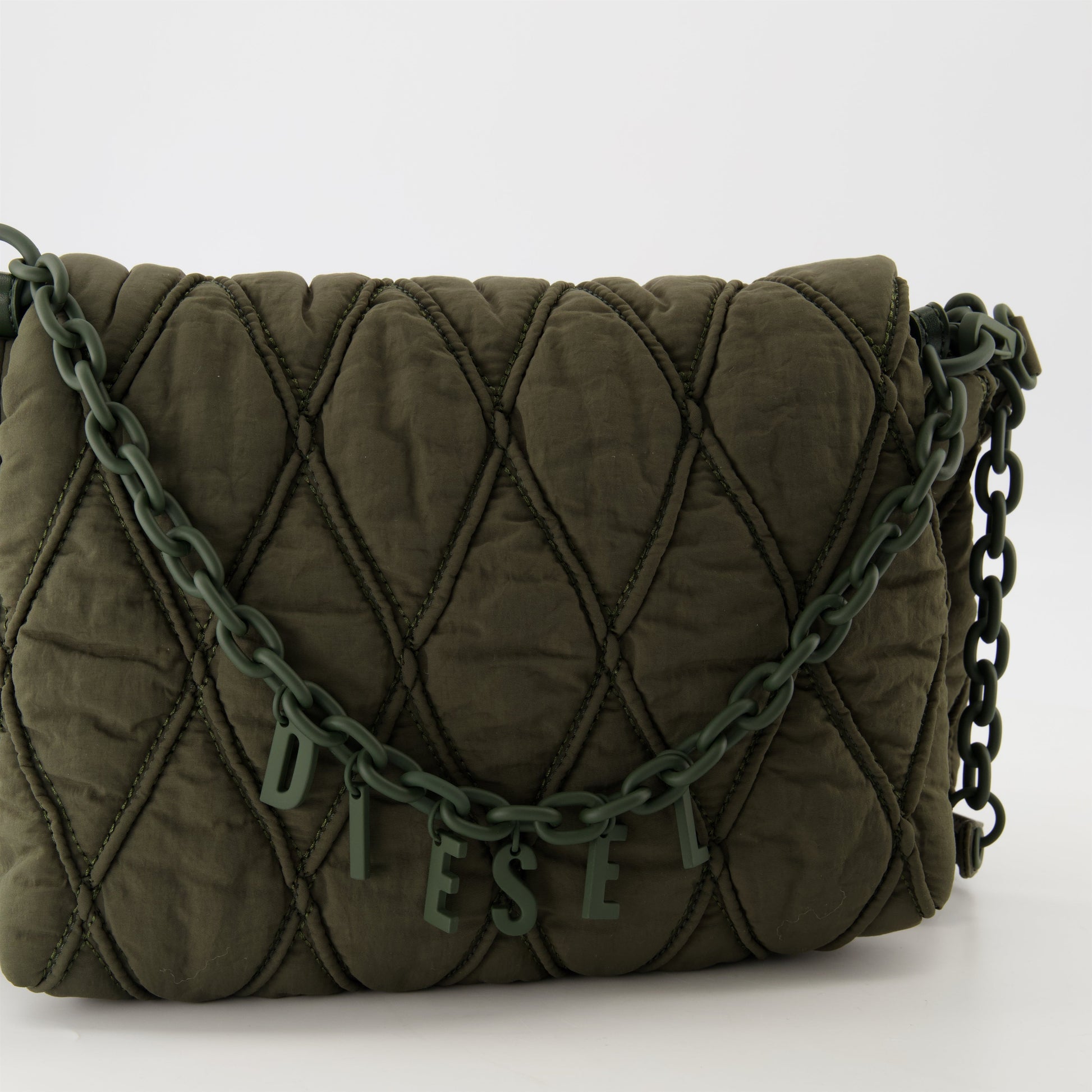 Charm-D bag, quilted nylon bag, Diesel accessory, khaki green handbag, designer bags