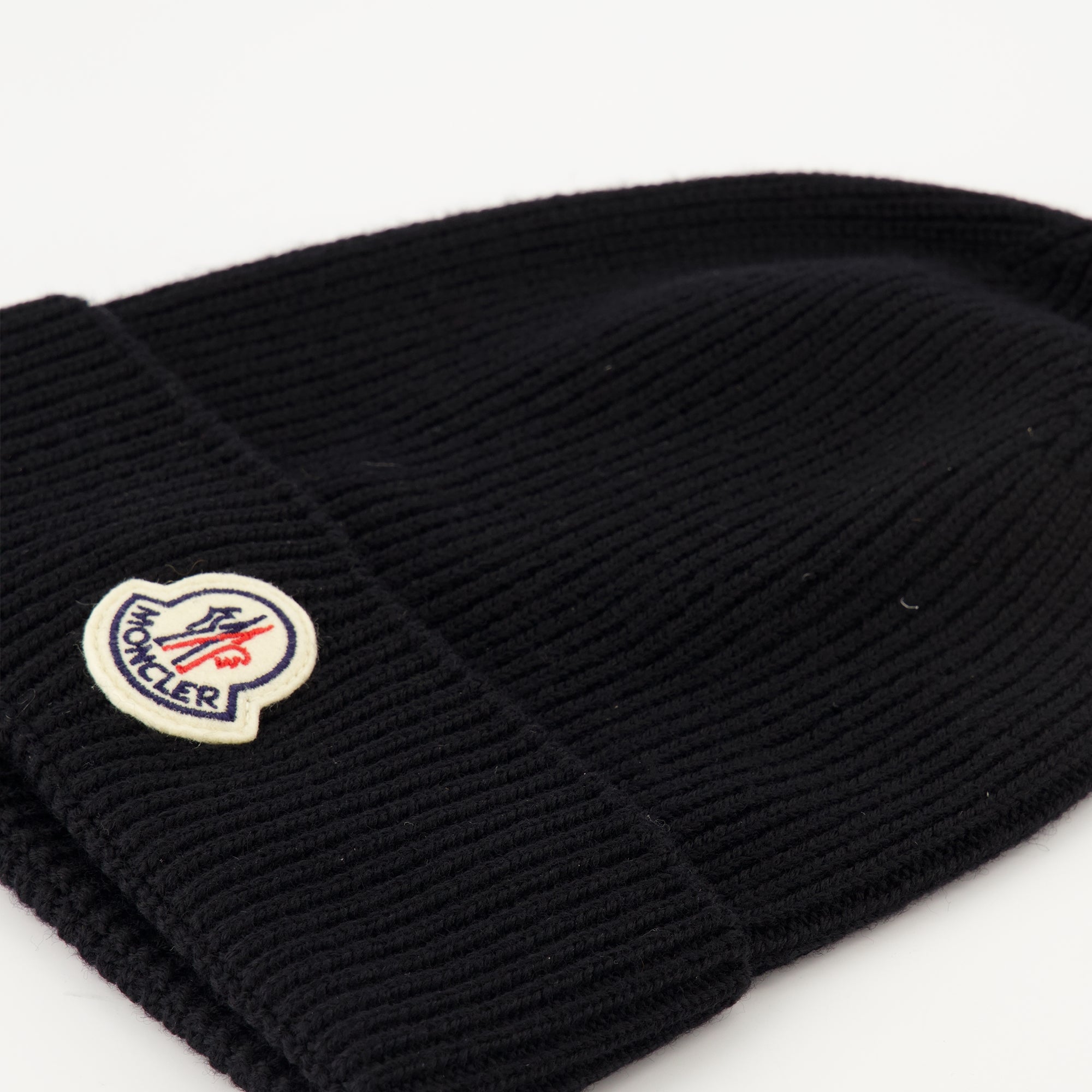 Moncler beanie, black wool beanie, Autumn-Winter accessories, ribbed edge beanie, felt logo hat