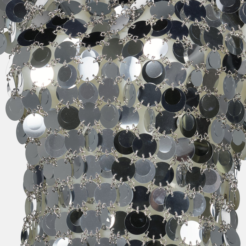 sparkle dress, mid-length dress, Rabanne fashion, silver dress, modern dress