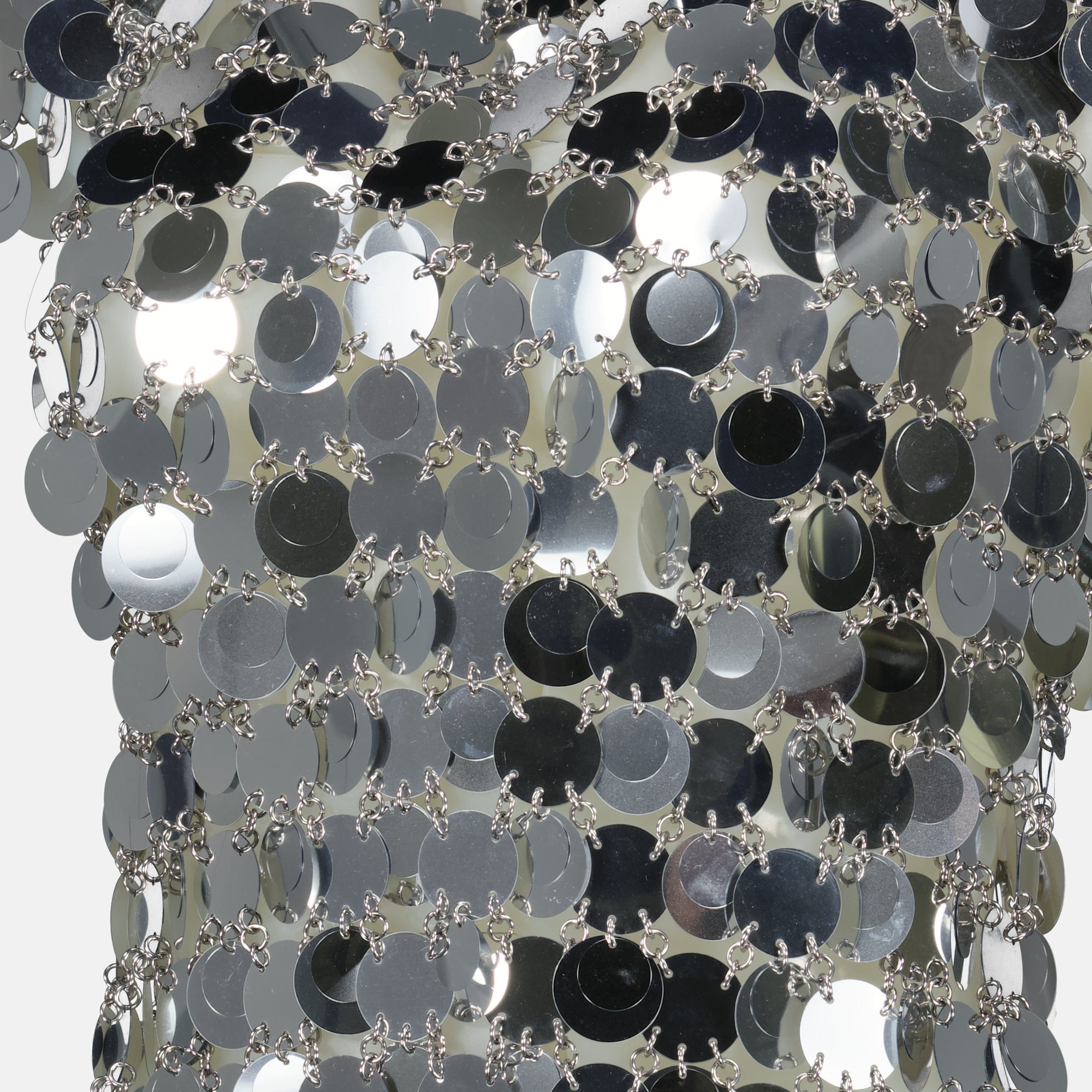 sparkle dress, mid-length dress, Rabanne fashion, silver dress, modern dress