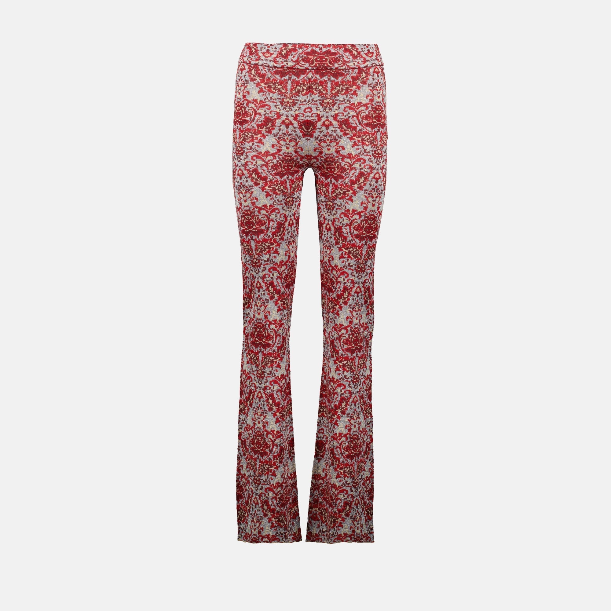red printed pants, slim fit trousers, metallic effect pants, women's fashion, Rabanne pants