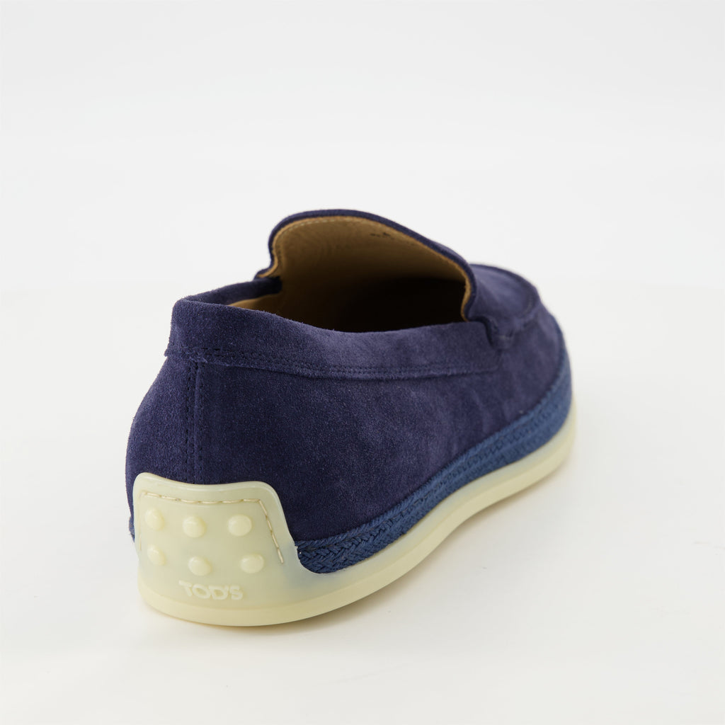 blue suede moccasins, slip-on shoes, gum sole, artisanal detail, contemporary footwear