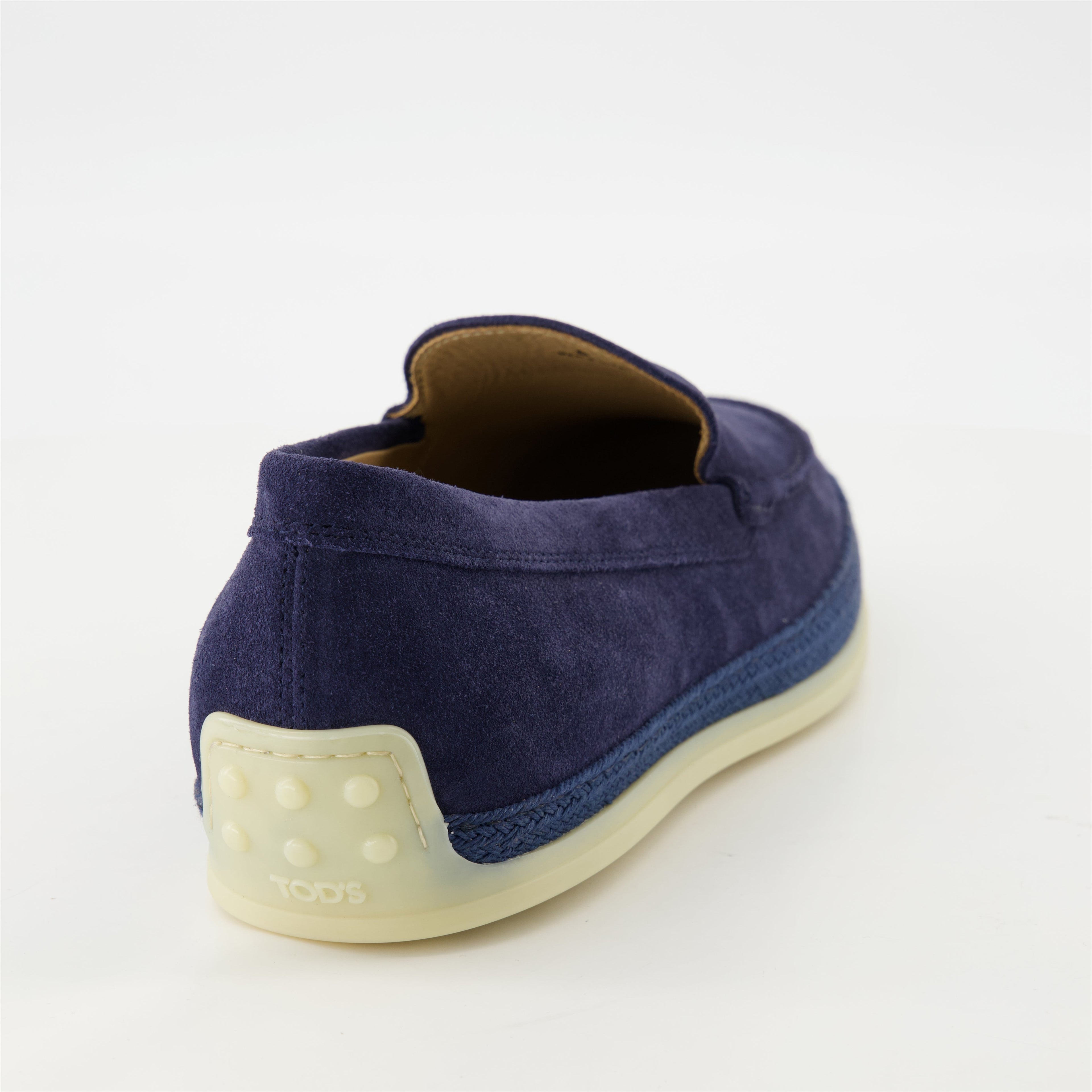 blue suede moccasins, slip-on shoes, gum sole, artisanal detail, contemporary footwear