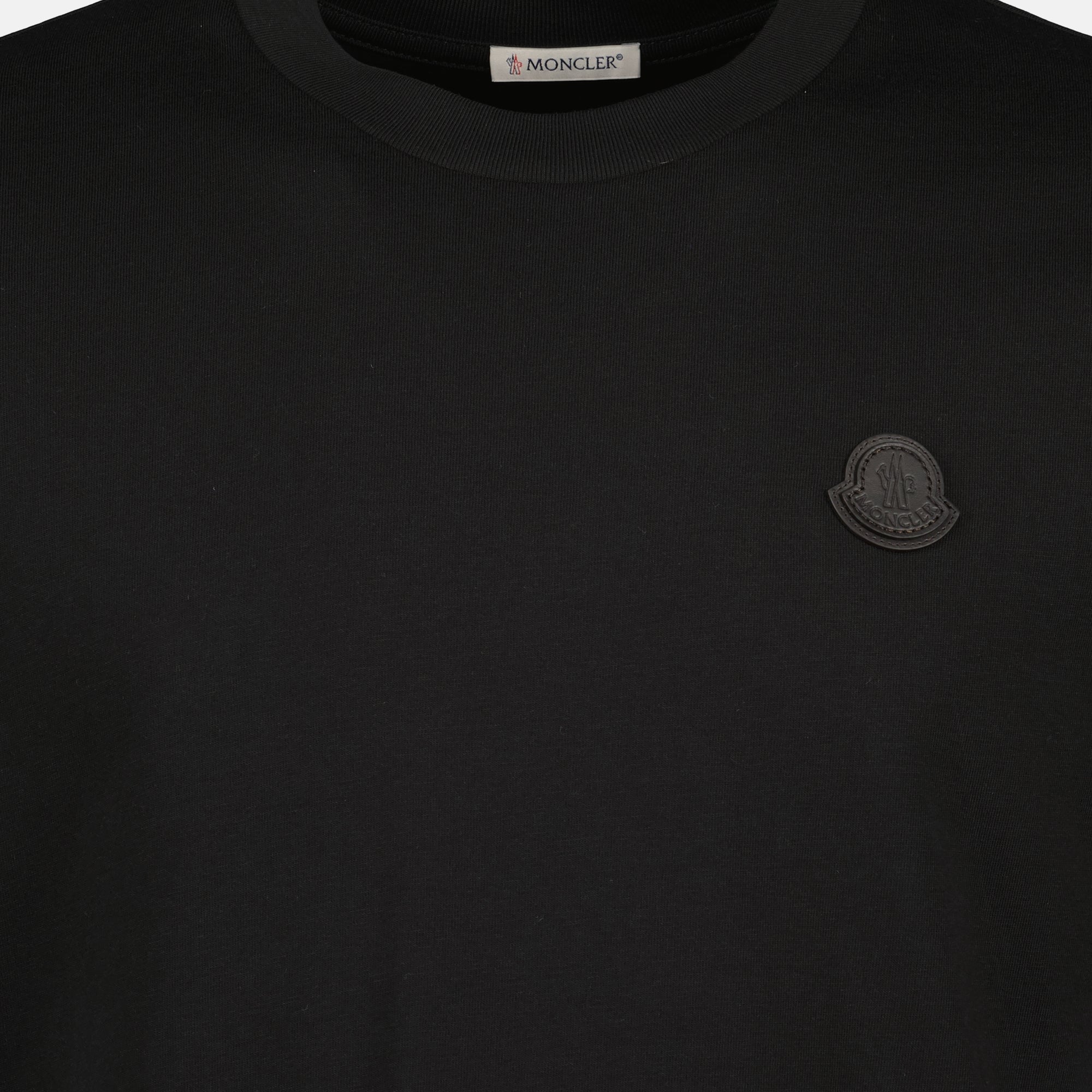 Moncler t-shirt, black logo shirt, cotton jersey t-shirt, leather patch t-shirt, autumn winter collection