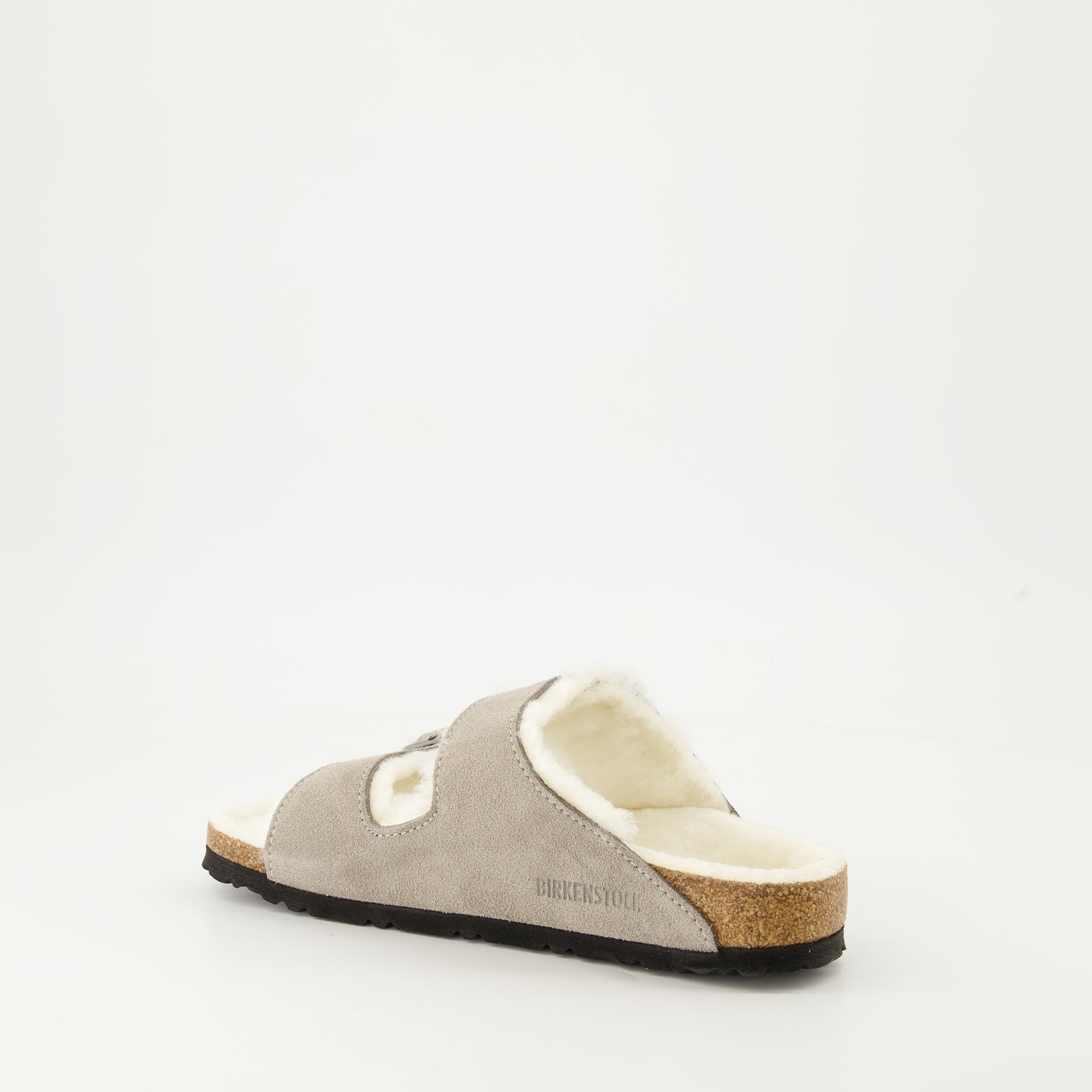 Birkenstock, shearling sandals, suede sandals, grey sandals, luxury footwear