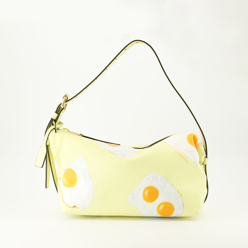 hobo bag, Moschino accessories, egg print bag, yellow leather bag, stylish handbags