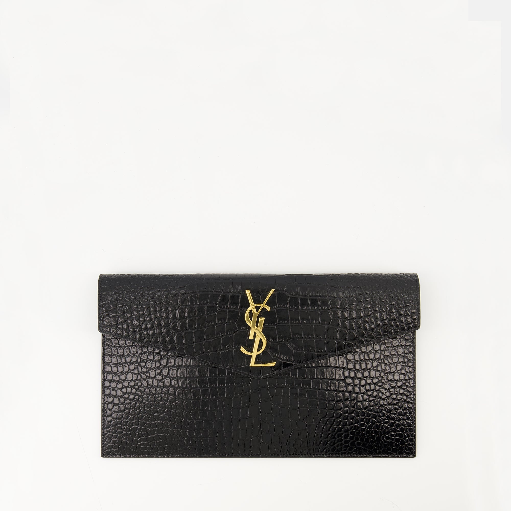 Uptown pouch, crocodile-effect accessory, Saint Laurent pouch, black leather pouch, Autumn-Winter 2025 collection