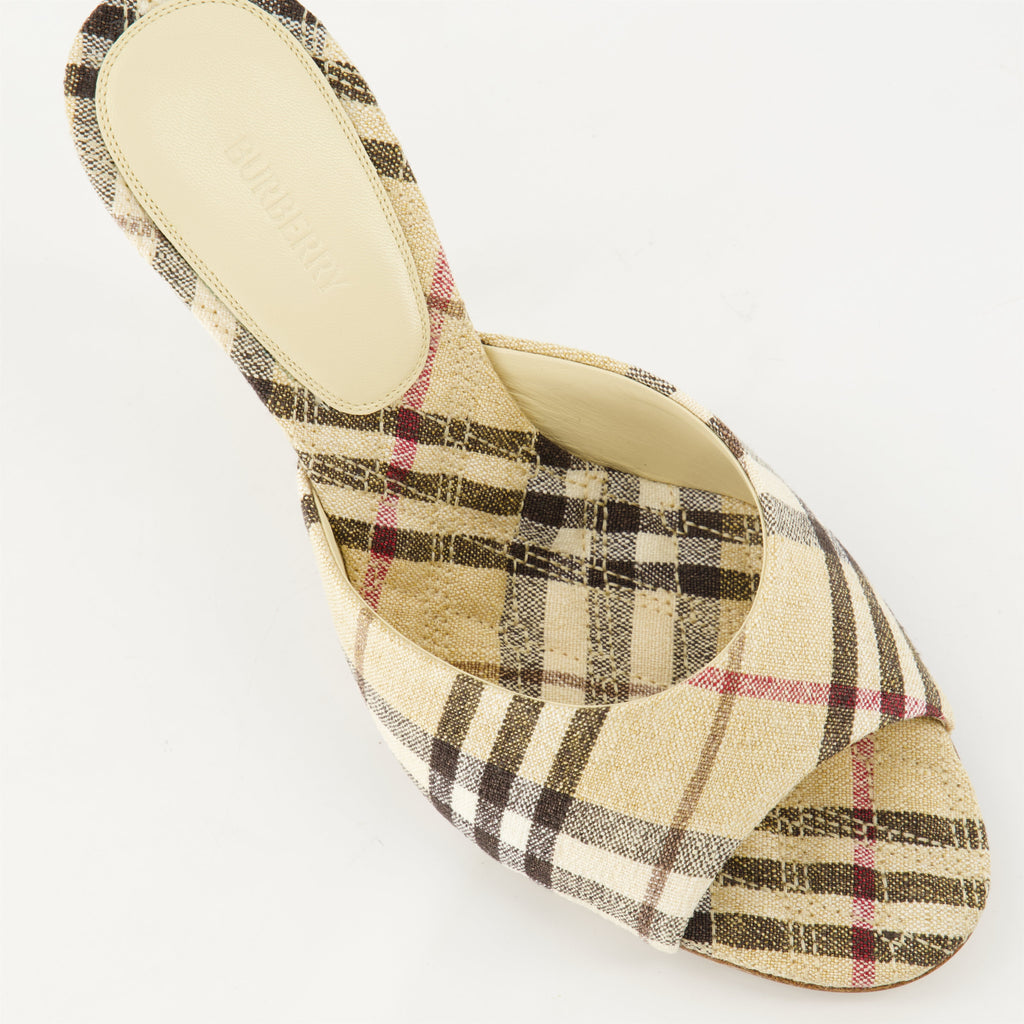 checkered mules, heeled mules, open toe shoes, linen footwear, vintage print mules