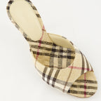 checkered mules, heeled mules, open toe shoes, linen footwear, vintage print mules