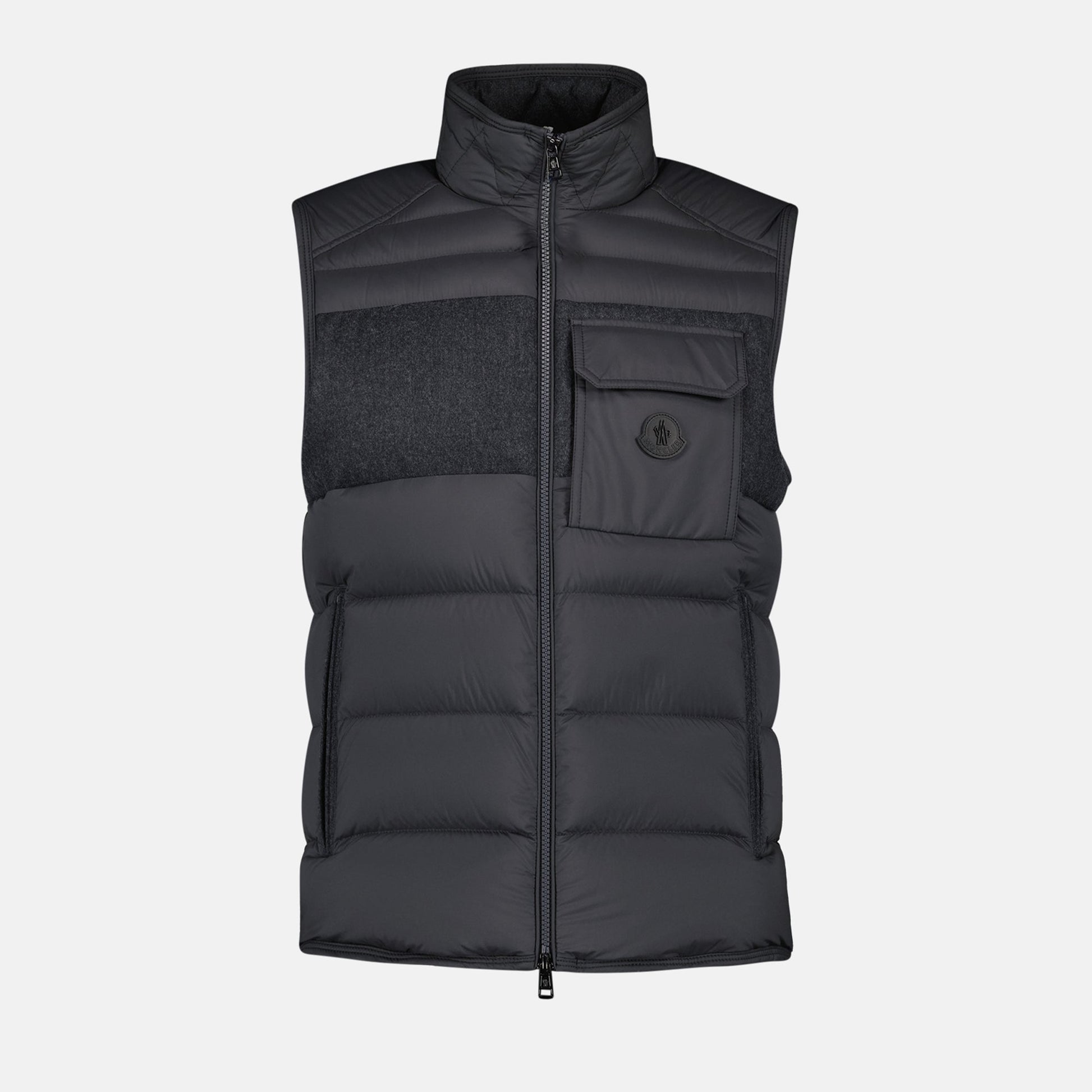 sleeveless puffer jacket, gray jacket, Moncler Estagnour, nylon wool blend, luxury outerwear