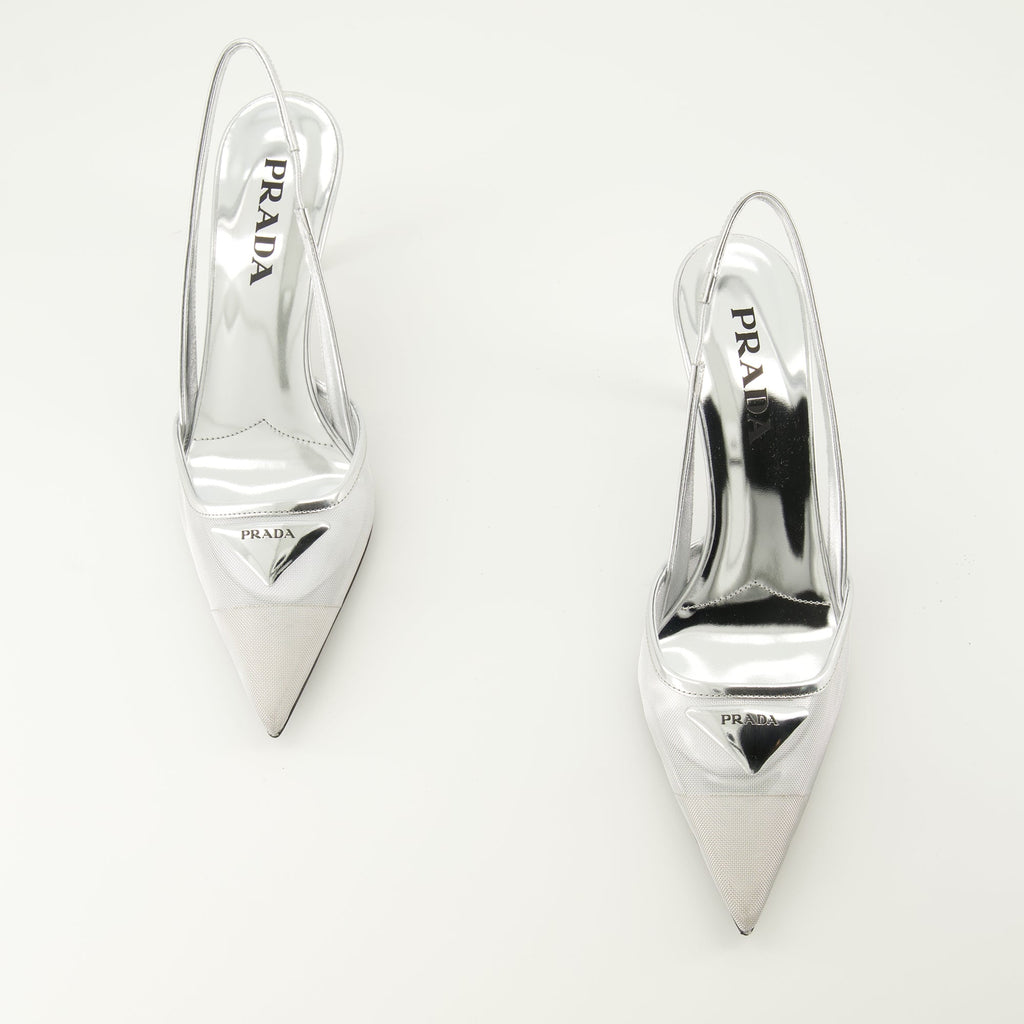 silver mesh heels, Prada footwear, pointed toe heels, elegant shoes, spring-summer collection