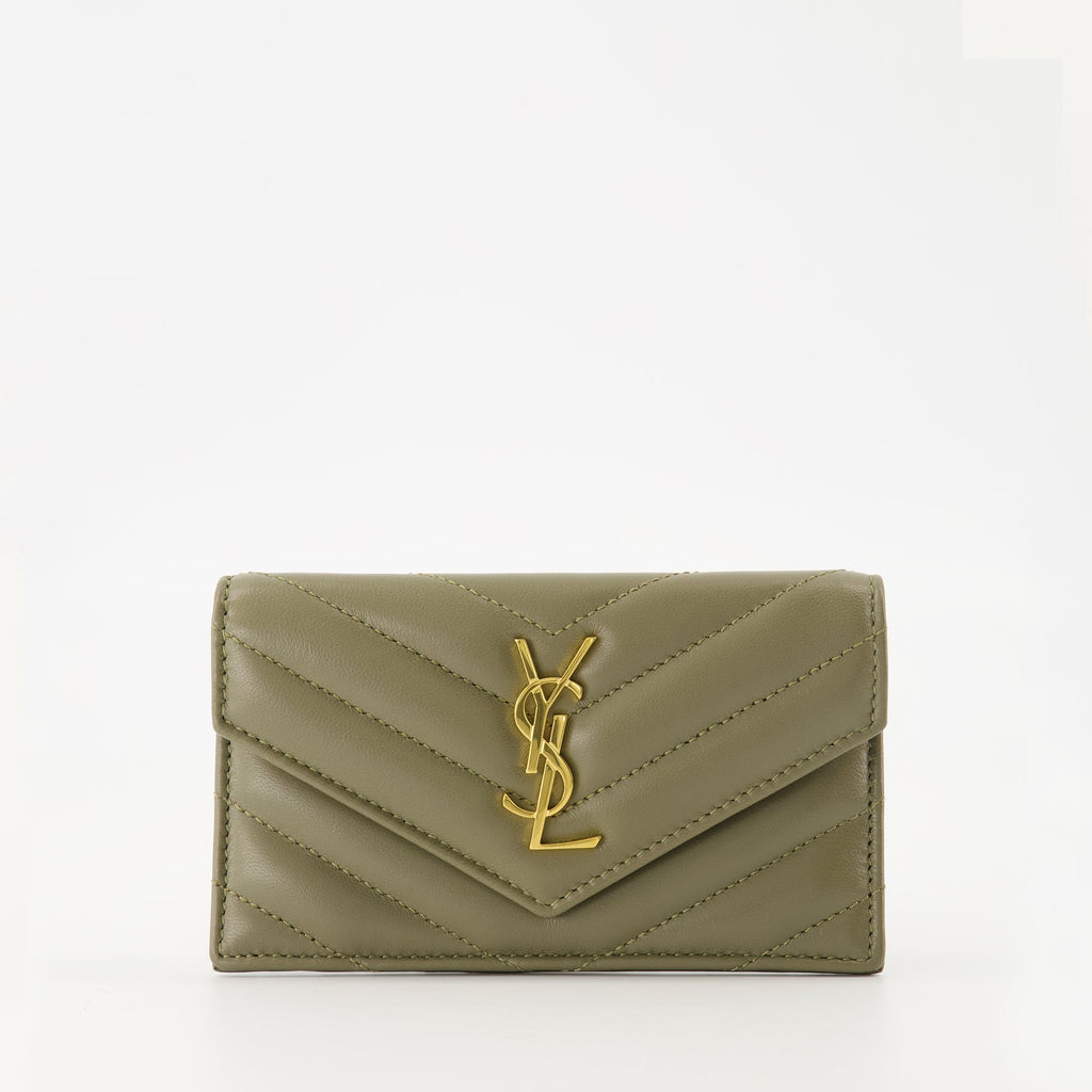 Saint Laurent card holder, lambskin leather accessory, Cassandre Fragments, khaki card holder, designer card holder