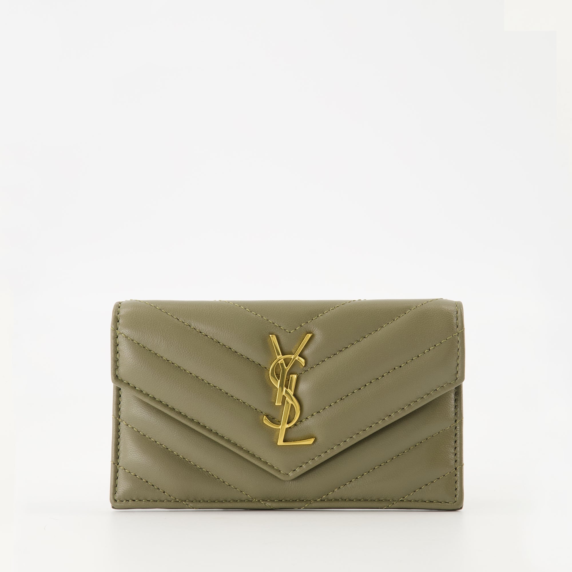 Saint Laurent card holder, lambskin leather accessory, Cassandre Fragments, khaki card holder, designer card holder