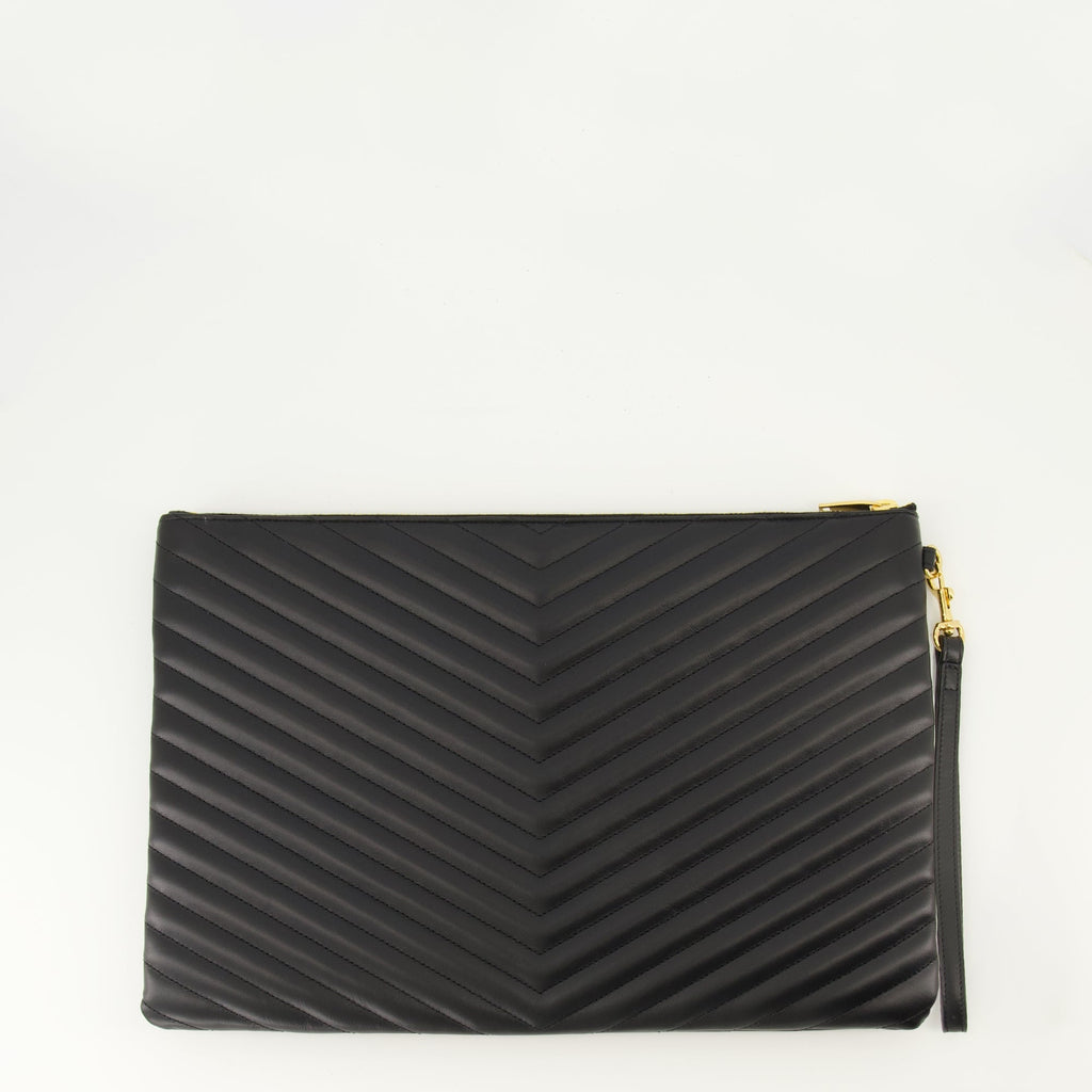 Saint Laurent pouch, Calfskin accessories, Luxury handbag, Black leather pouch, Designer accessories